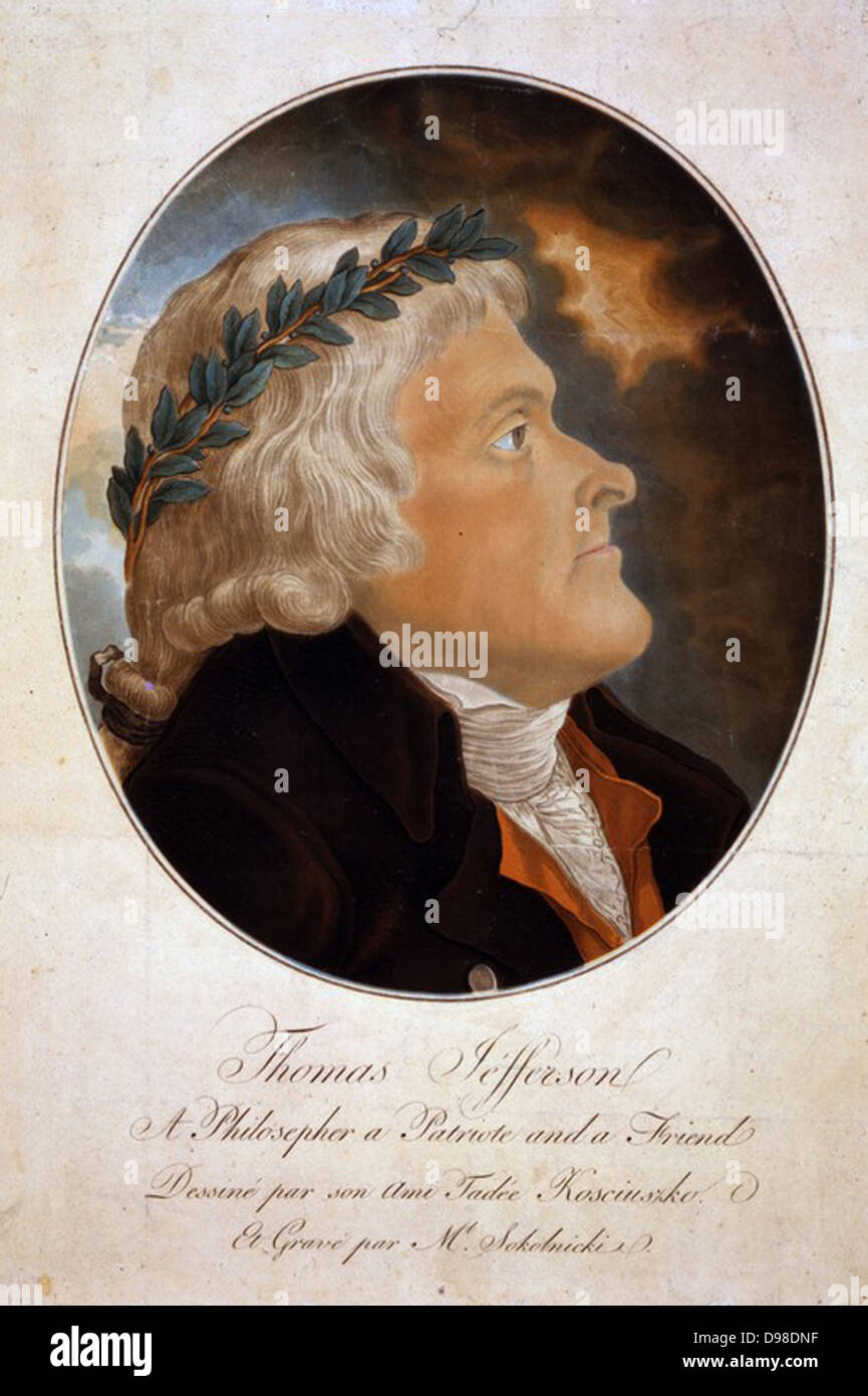 Thomas Jefferson, un philosophe, un patriote et un ami. Dessiné par son ami Kioscuisko Tadee. Au début des années 1800, à l'aquatinte. Jefferson (1743-1826), troisième Président des États-Unis 1801-1809, de profil, portant une couronne de laurier. Banque D'Images