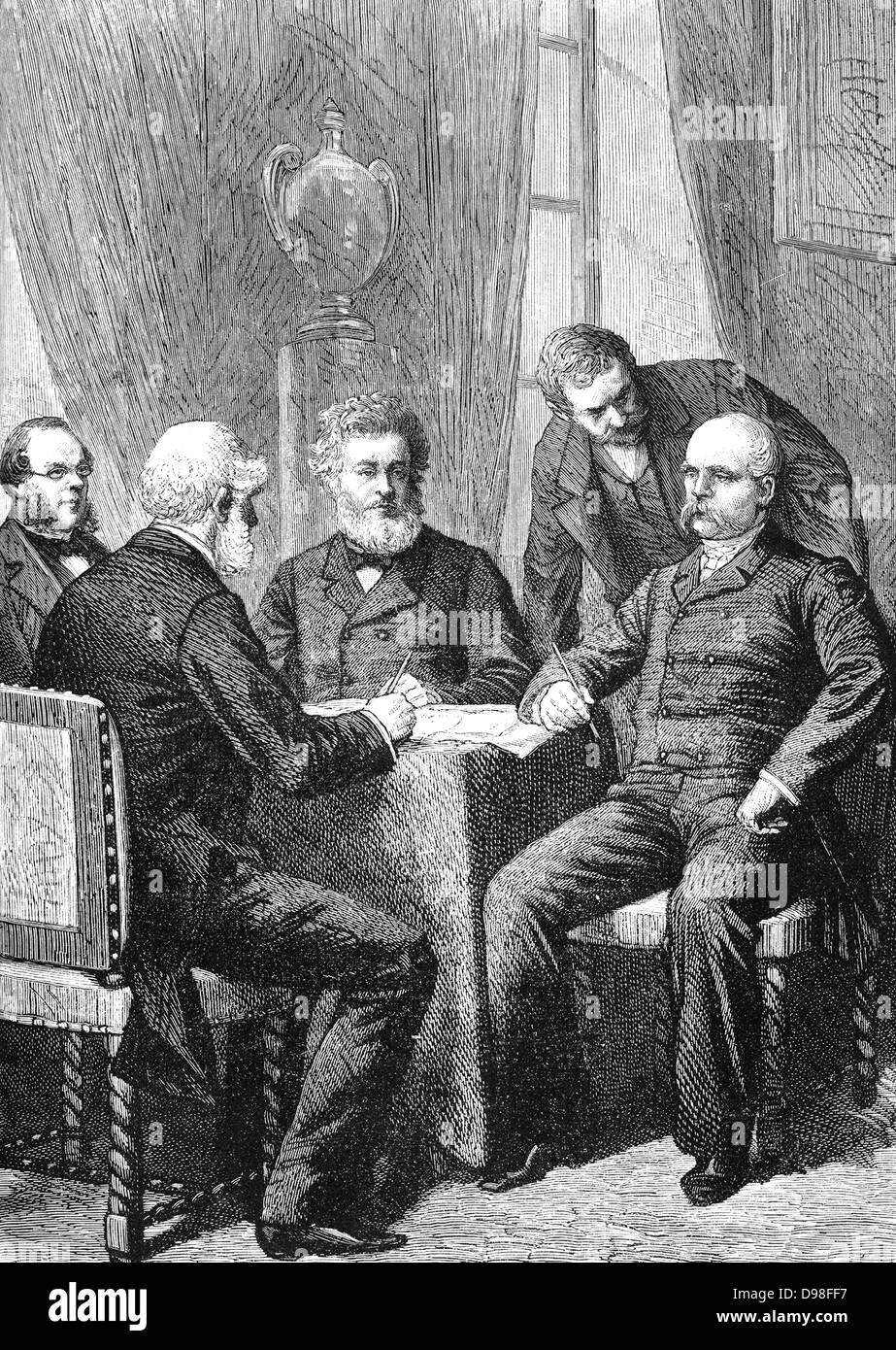 Les négociations en vue d'abandonner avec Jules Favre, Otto von Bismarck et autres, scène de la guerre franco-prussienne Banque D'Images