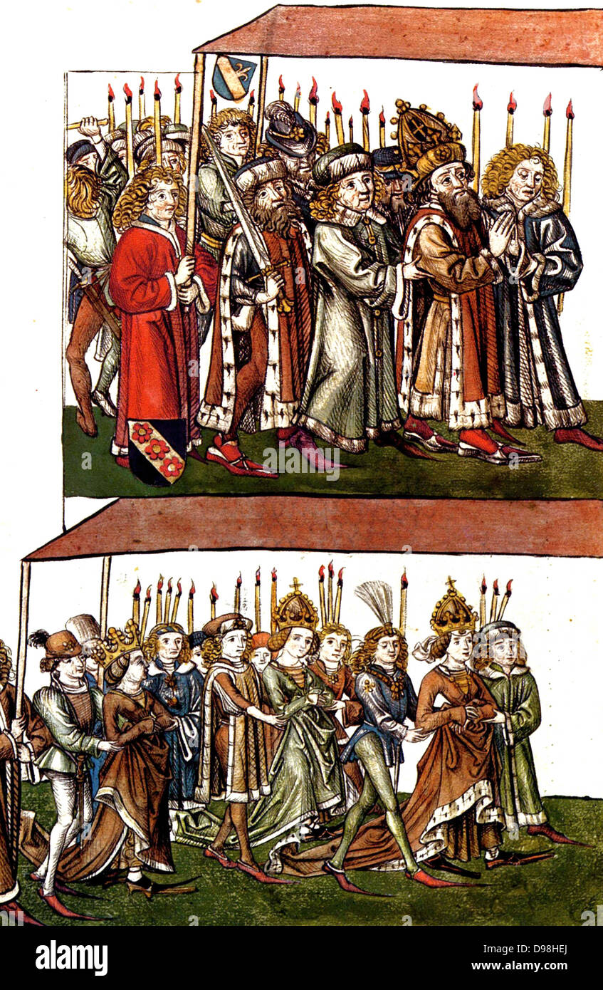 Sigismond et Barbara de Celje au concile de Constance en 1414 pour régler le schisme. Sigismund 1368 -1437) fut roi de Hongrie et de Croatie1387 à 1437, et l'Empereur, 1433 jusqu'à 1437 Banque D'Images