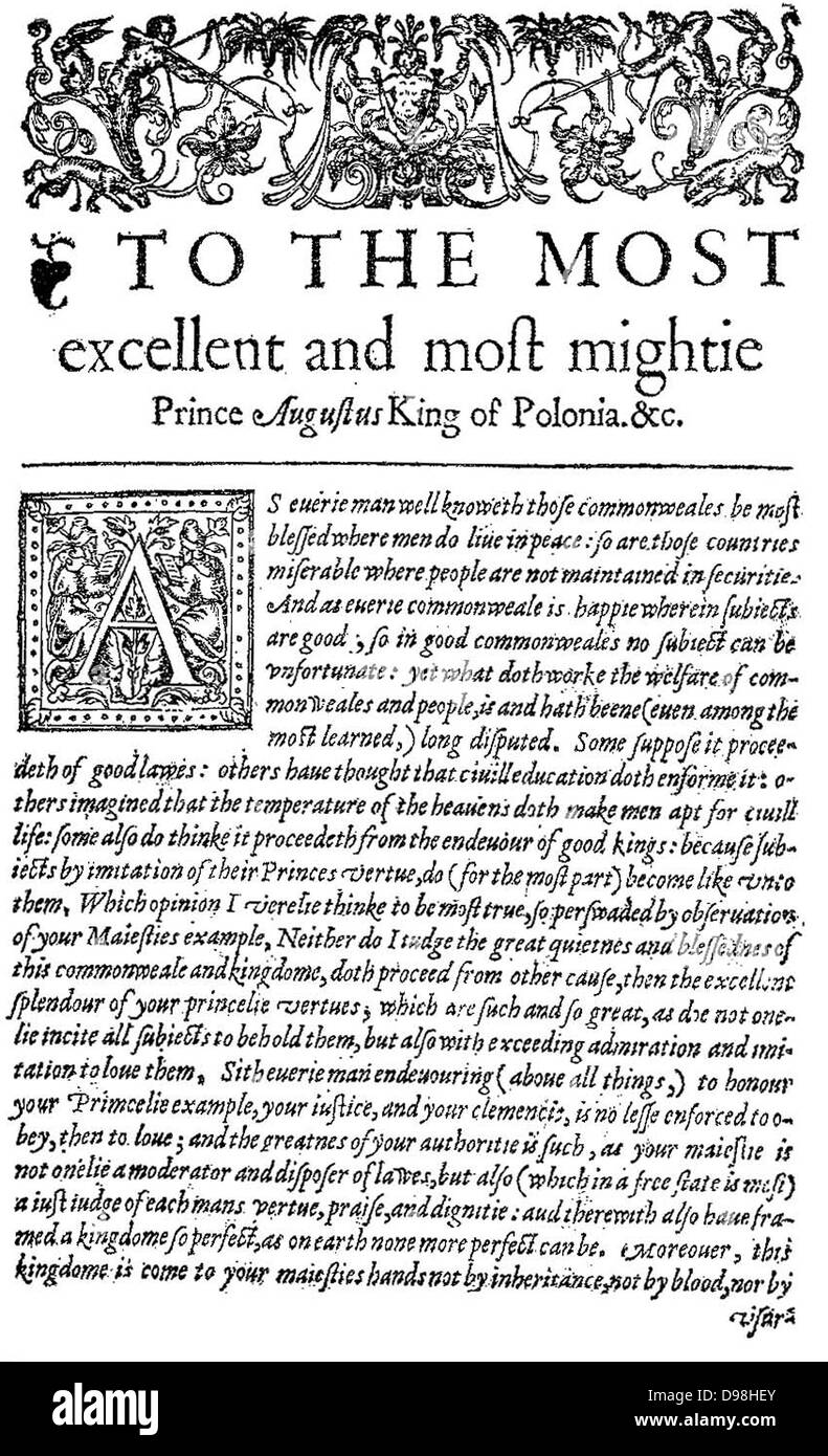 Le dévouement au roi de Pologne Sigismond II Auguste I dans le Conseiller la première traduction anglaise de Wawrzyniec Grzyma ?un rendez-vous ?le de optimo licki senatore.(1598) Banque D'Images