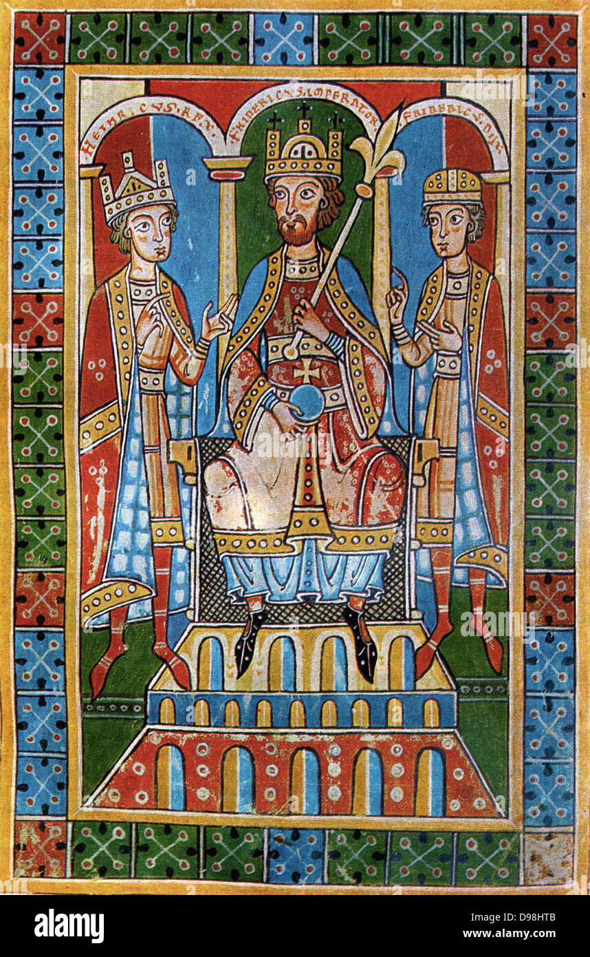 Frédéric Barberousse et son fils le roi Henri VI et le duc Frédéric VI. Illumination de la cité médiévale de la Chronique de l'abbaye de Weingarten (Guelfes, 1179-1191). Banque D'Images