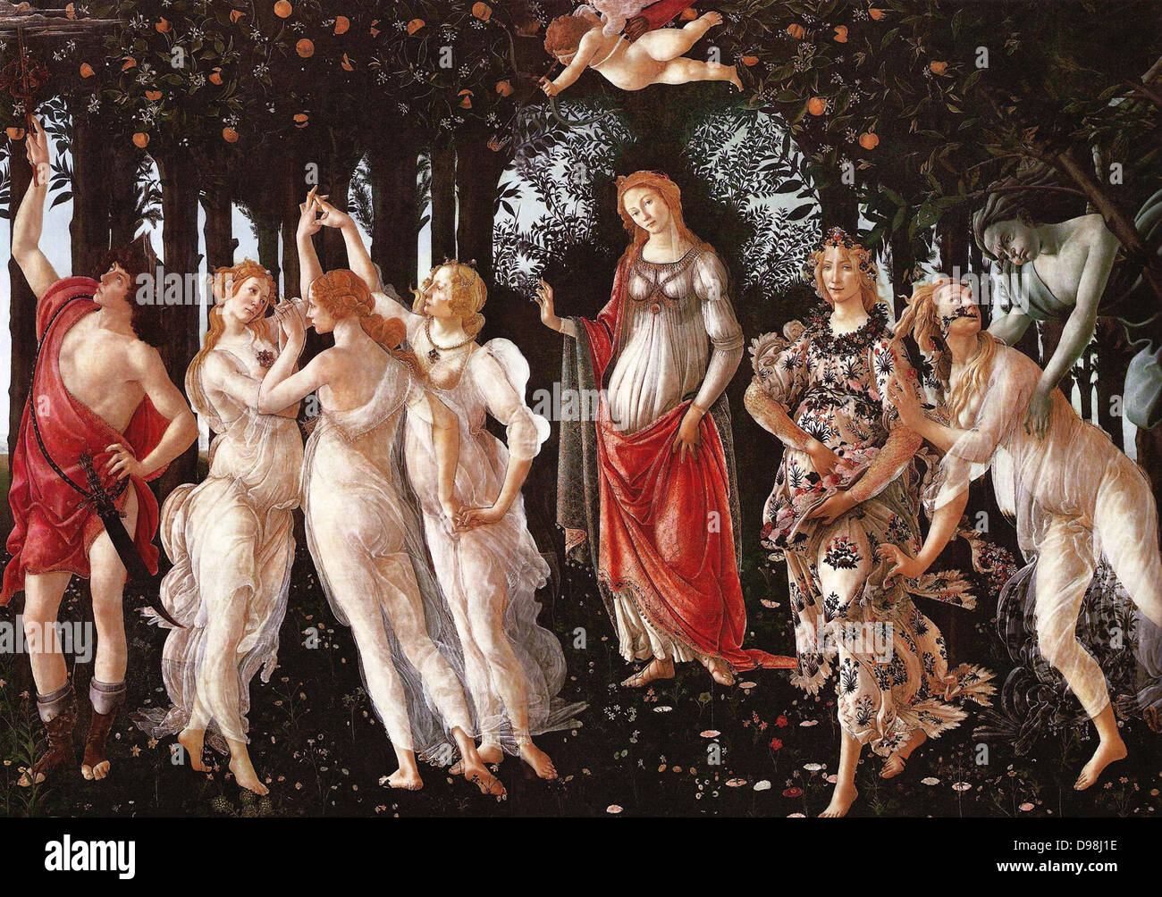 Primavera (le Printemps), Sandro Botticelli, 1477. Botticelli choisit de raconter l'histoire de printemps, comme la saison de la romantique Banque D'Images