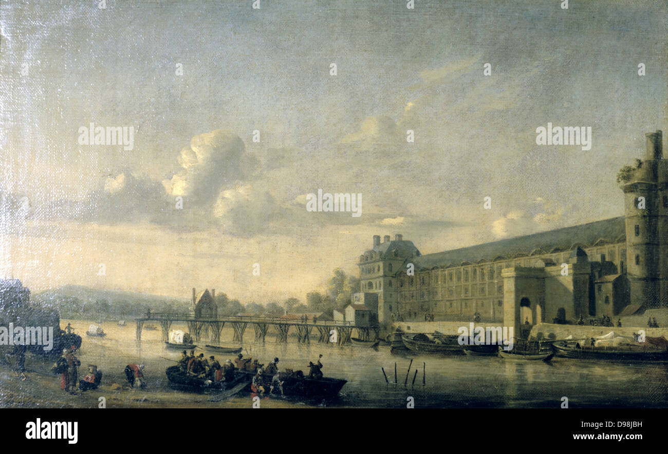 Vue sur la Seine et le Musée du Louvre' c1650. Reiner Nooms Zeeman, appelé (c1623-1664), peintre néerlandais. Vue sur la rivière avec de l'eau du trafic vers le Louvre, Paris. Banque D'Images