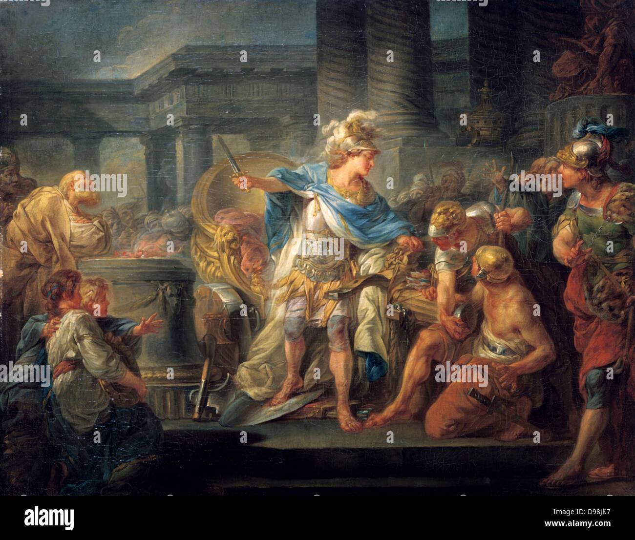 Alexandre coupant le Nœud gordien" huile sur toile. Jean-Simon Berthelemy  (1743-1811) Peintre d'histoire français. Légende est, en 333 av. J.-C. À  Gordion, Phrygie, Alexandre le Grand, incapable de défaire le nœud, en