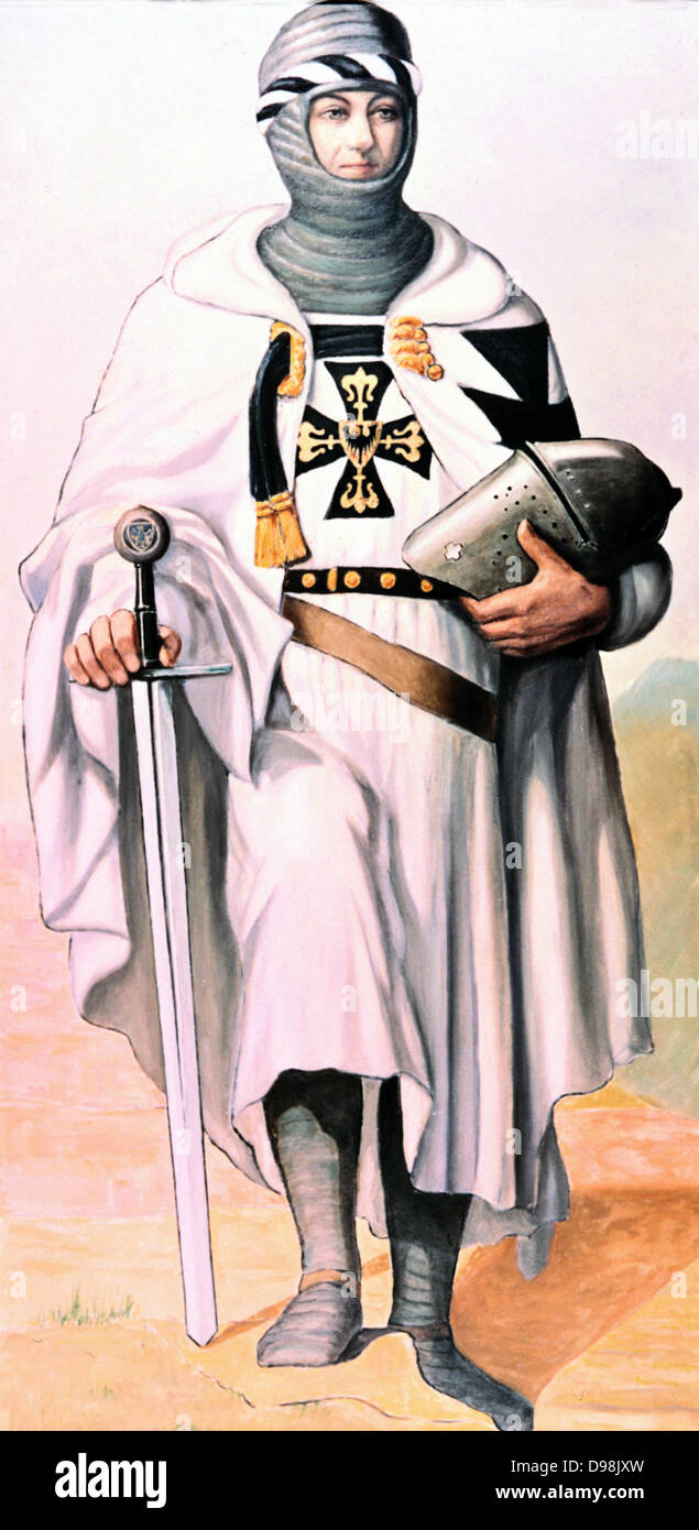Ordre des Chevaliers teutoniques de St Mary's Hospital de Jérusalem, ordre religieux catholique allemand fondé c1190. Chevalier vêtu de blanc surcoat avec croix noire sur un tabard tenant sa tête et l'épée. Banque D'Images