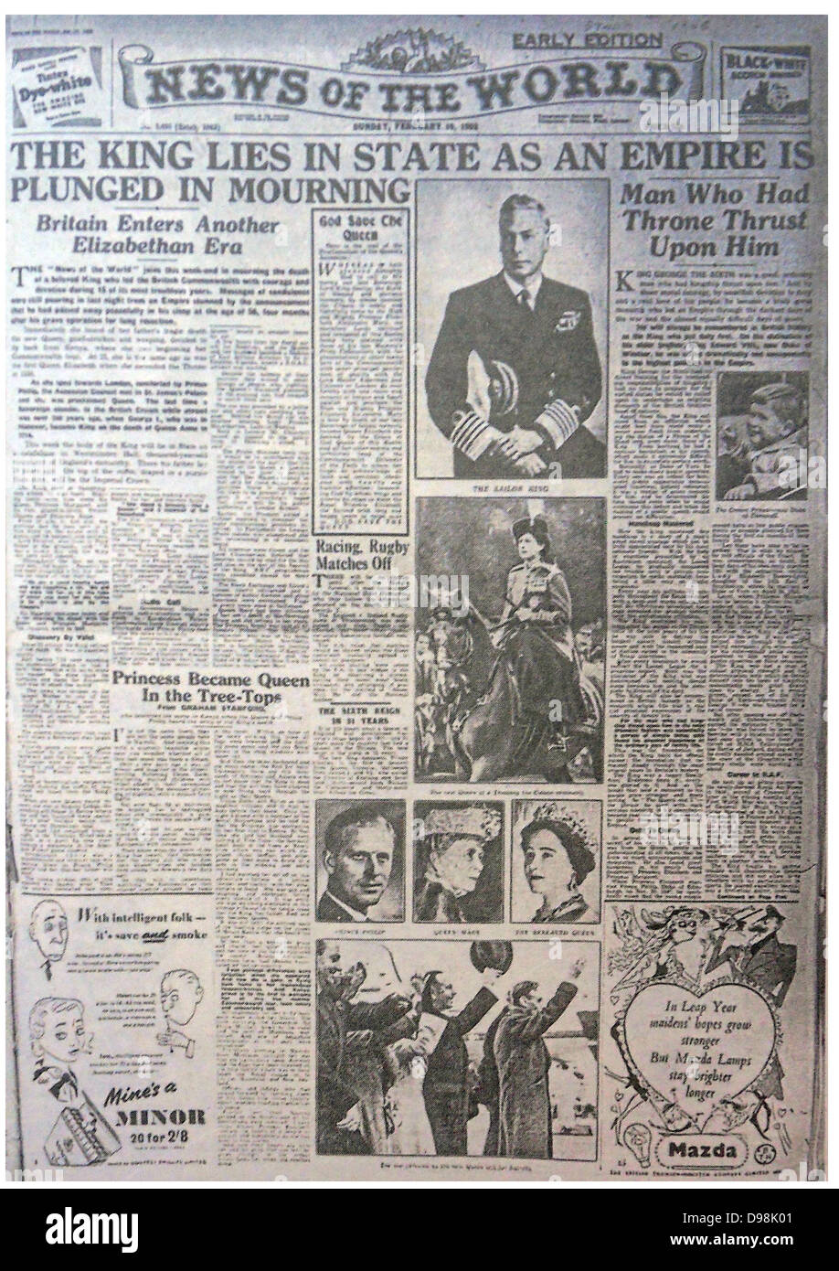 La 'Nouvelles du Monde' Journal 10e Juillet 2011. La dernière édition commémorative du journal porte un re-print de la question, marquant la mort du roi George VI en 1952 Banque D'Images