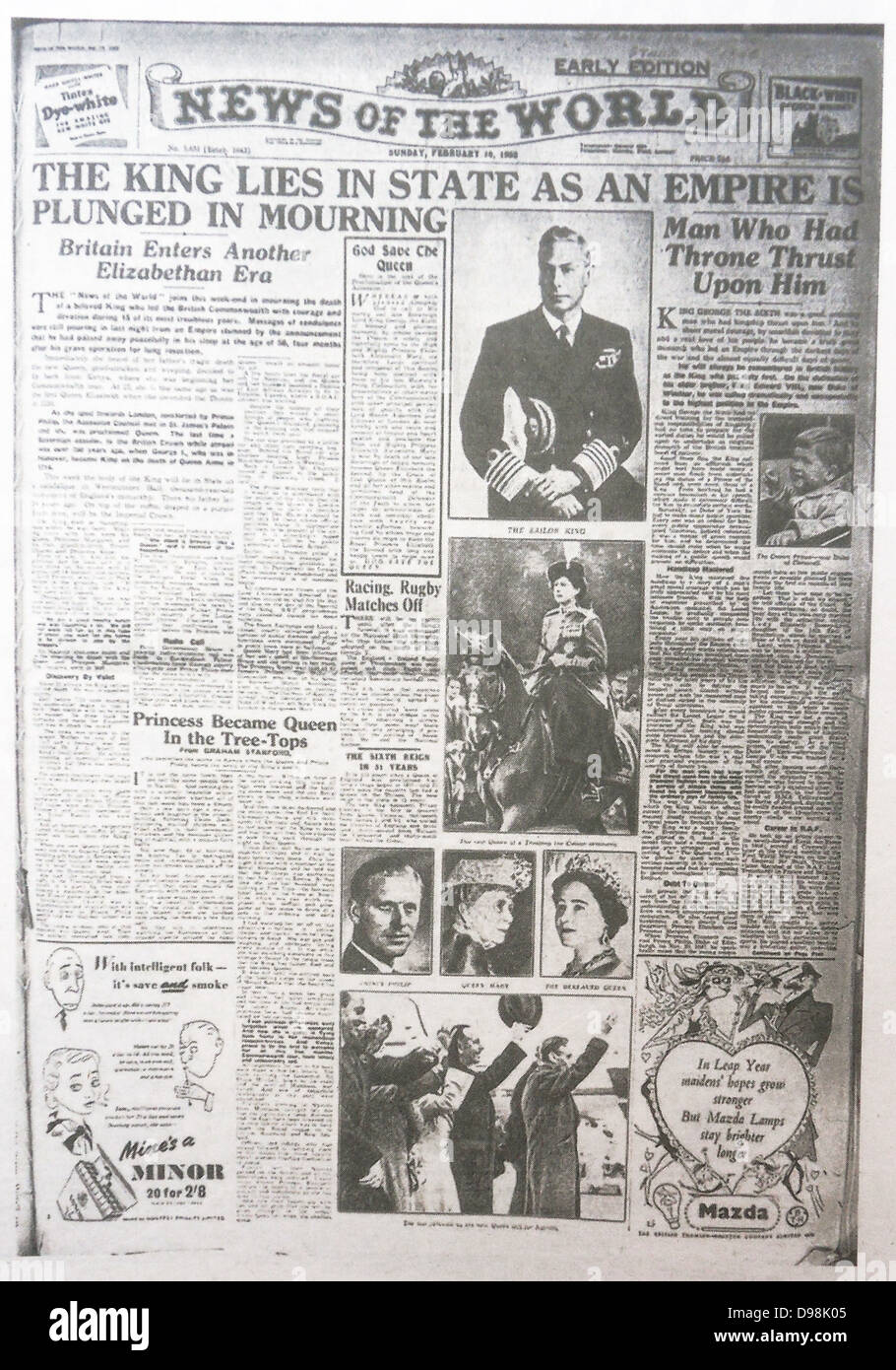 La 'Nouvelles du Monde' Journal 10e Juillet 2011. La dernière édition commémorative du journal porte un re-print de la question, marquant la mort du roi George VI en 1952 Banque D'Images