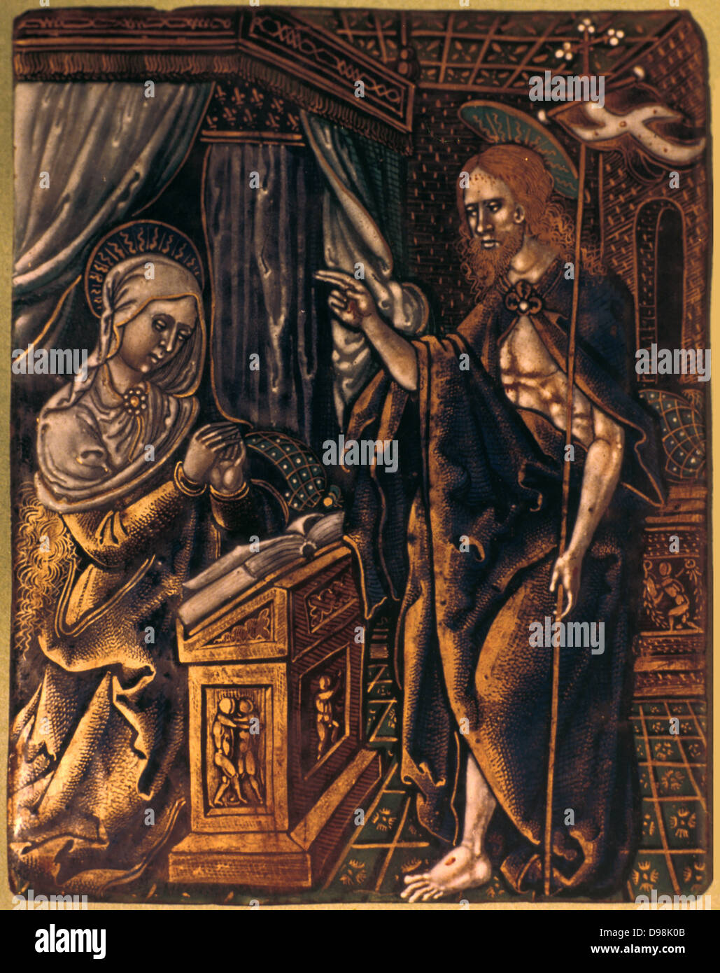 Le Christ ressuscité avec stigmates, clouez des plaies sur les mains et les pieds et de couronne d'épines sur le front, la main posée sur la bénédiction, apparaissant à genoux, en priant la Vierge Marie. Par émail Leonard Limousin (c1505-c1577) peintre français, Limoges. Banque D'Images
