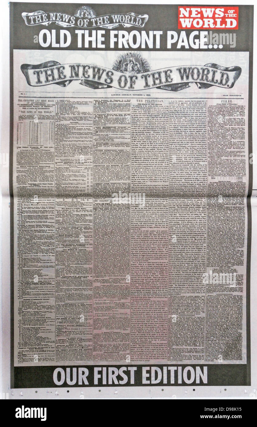 La 'Nouvelles du Monde' Journal 10e Juillet 2011. La dernière édition commémorative du journal, porte un fac-similé de la première édition de 1843 Banque D'Images