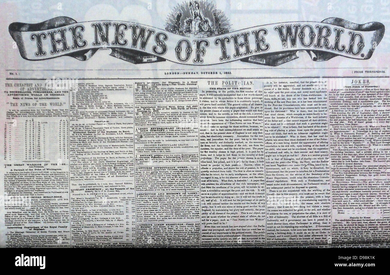 La 'Nouvelles du Monde' Journal 10e Juillet 2011. La dernière édition commémorative du journal, porte un fac-similé de la première édition de 1843 Banque D'Images