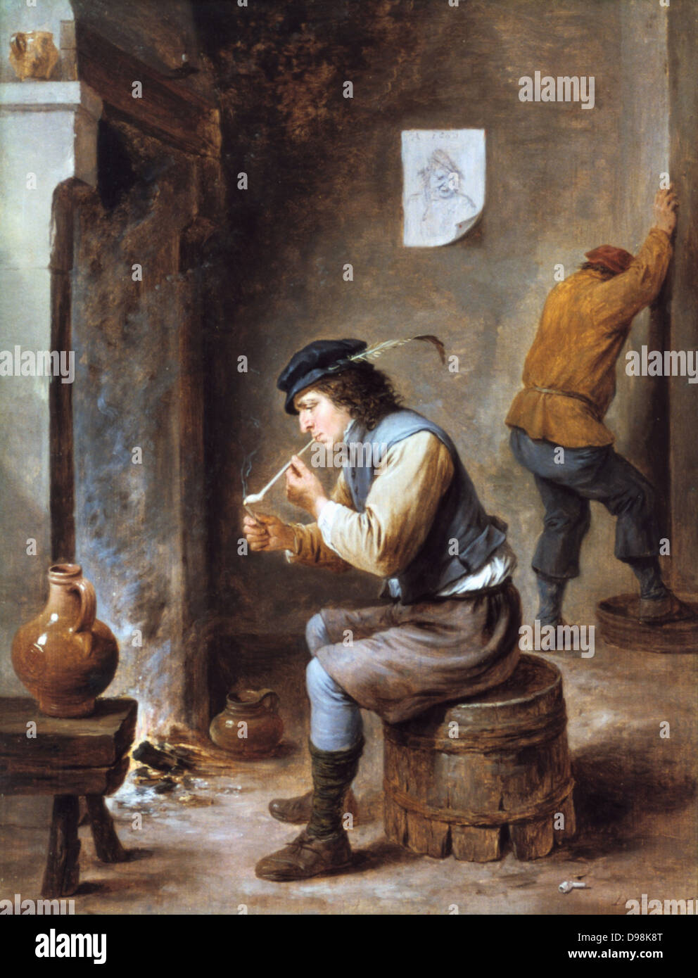 Fumeur en face d'une cheminée. Tableau de David Teniers le Jeune (1610-1690) artiste flamand. Homme assis sur le baril renversé devant un feu est allumé une pipe en argile. Intérieur Intérieur paysan Tabac Céramique Verseuse Banque D'Images