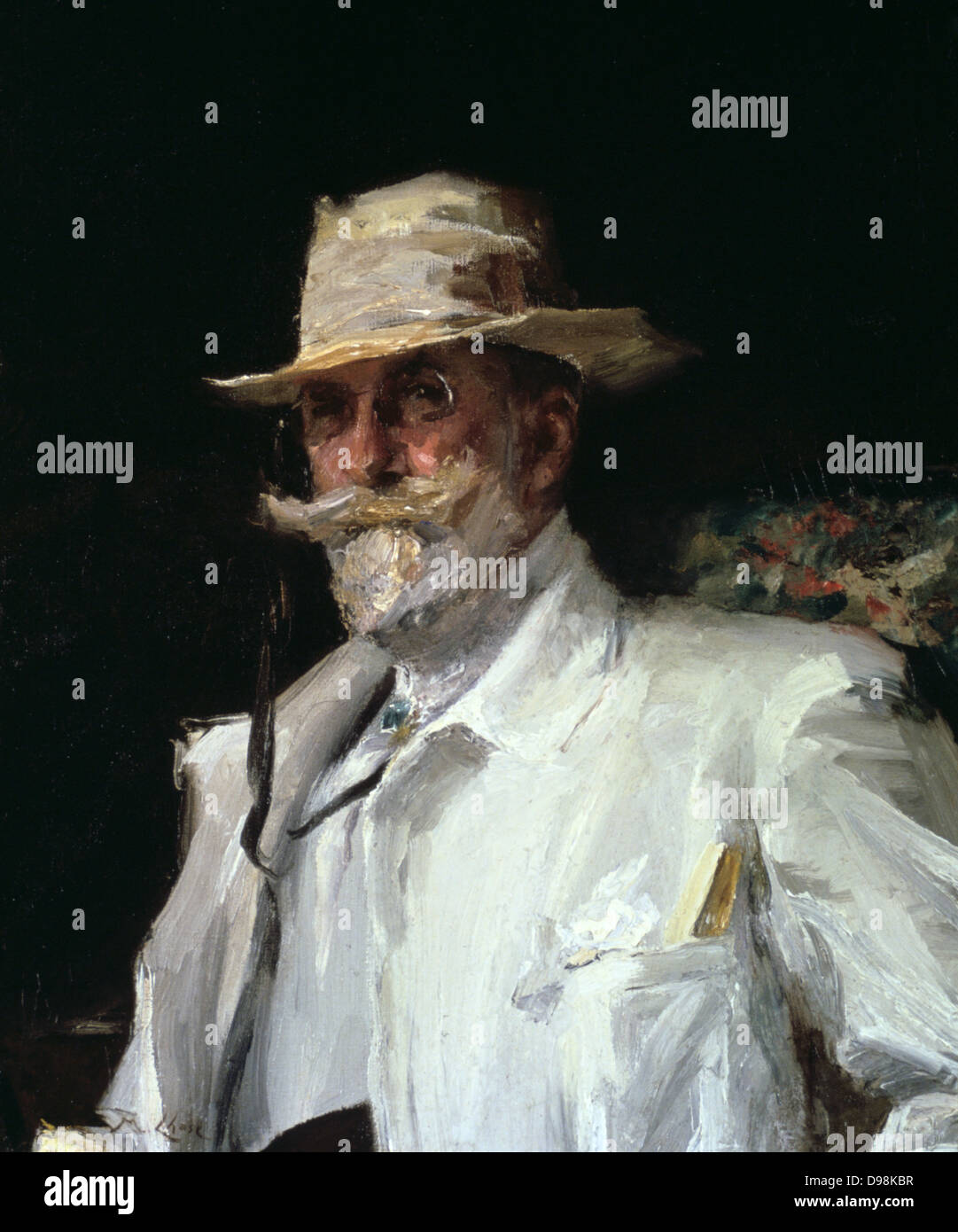 William Merritt Chase (1849-1916) peintre impressionniste américain et enseignant. Annie Lang (19ème siècle) peintre américain. Portrait de mi-longueur de la Chase en blanc sur un fond sombre. Pince-nez Moustache Barbe flamboyante du chapeau de paille Banque D'Images