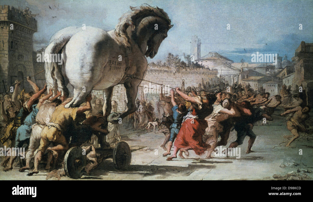 Procession du cheval de bois dans Troy' c 1760. Huile sur toile. Giovanni Domenico Tiepolo (Bassano Jacopo peintre vénitien). Les citoyens en faisant glisser l'excité de Troie dans la ville. La littérature grecque ancienne guerre de Troie Banque D'Images