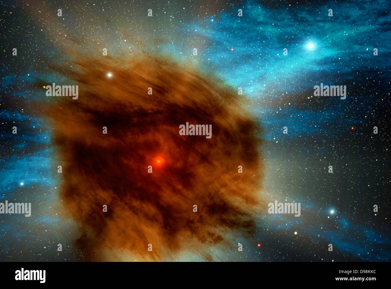 Star géant va Supernova, étouffé par son propre concept de l'artiste (Poussière) lors de la recherche dans le ciel pour les trous noirs à l'aide du télescope spatial Spitzer de la NASA, des astronomes ont découvert une supernova géante qui a été tuée dans sa propre poussière. Dans cette vue d'artiste, une enveloppe extérieure de gaz et de poussière, qui a éclaté à partir de l'étoile il y a des centaines d'années obscurcit la supernova à l'intérieur. Cet événement dans une galaxie éloignée allusion à un avenir possible à l'étoile la plus brillante dans notre propre Voie lactée. Banque D'Images