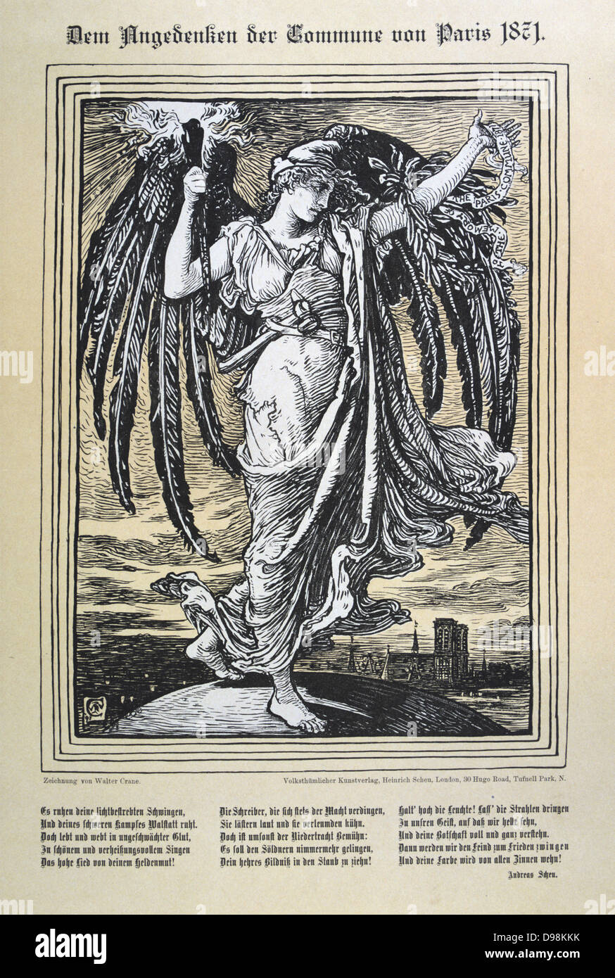 Représentation allégorique de l'Ange de la Commune de Paris (26 mars-28 mai 1871). Illustration par Walter Crane (1845-1915) l'artiste anglais, publié en Allemagne. Banque D'Images