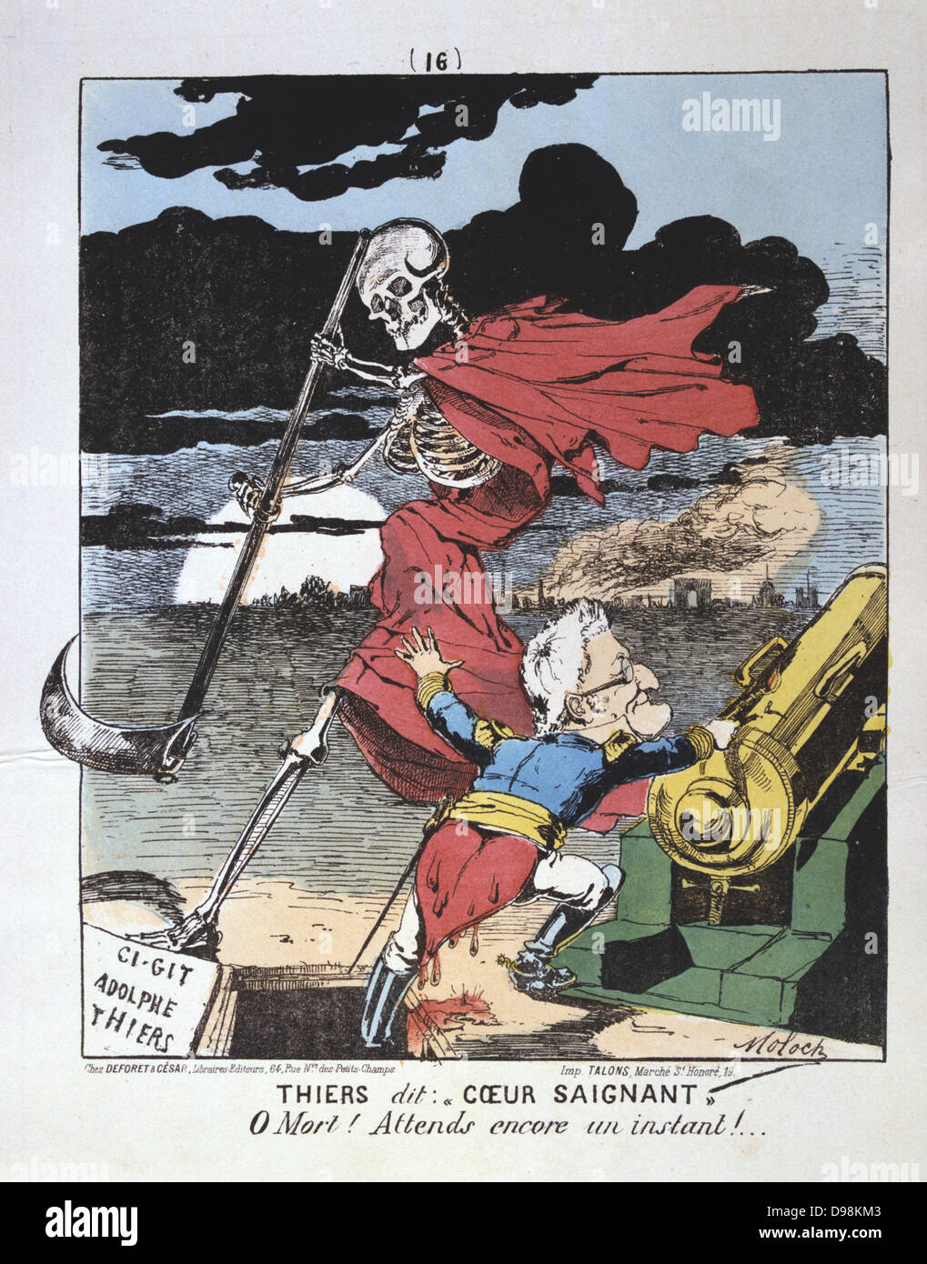 Commune de Paris 26 mars-28 mai 1871. Louis Adolphe Thiers (1797-1877) homme politique français, d'un pied dans sa tombe, lui demandant de lui épargner la mort jusqu'à ce qu'il a défait la Commune. Caricature de Moloch (1849-1909). France révolution politique Banque D'Images