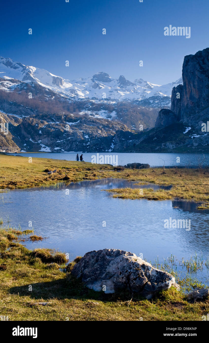 Lac Ercina et de montagnes en parc national Picos de Europa, Asturias, Espagne, Europe. Banque D'Images