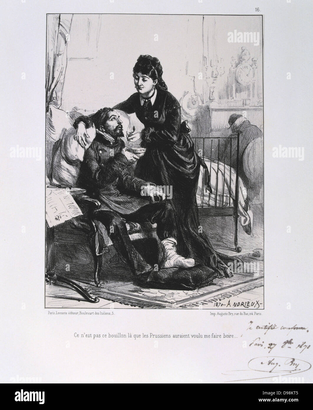 Guerre franco-prussienne de 1870-1871 : un soldat blessé est soigné et nourri. À partir d'une série de lithographies de Clement Août Andrieux sur les Gardes Nationales. Banque D'Images