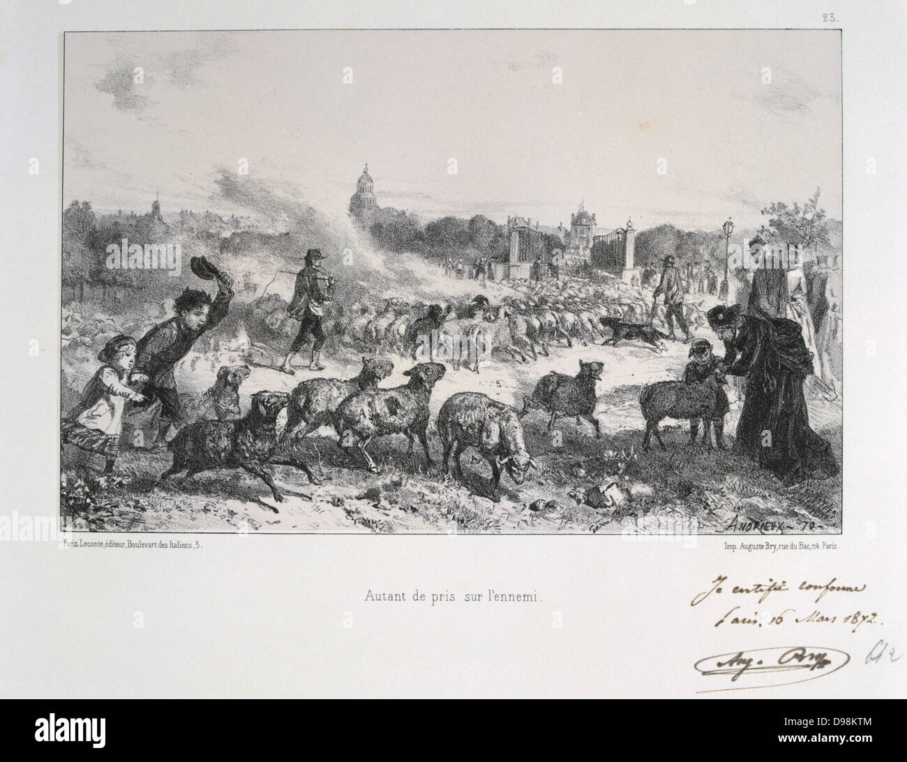 Guerre franco-prussienne de 1870-1871 : Conduire un troupeau de moutons pour leur refuser de tomber aux mains des Prussiens. À partir d'une série de lithographies de Clement Août Andrieux sur les Gardes Nationales. Banque D'Images