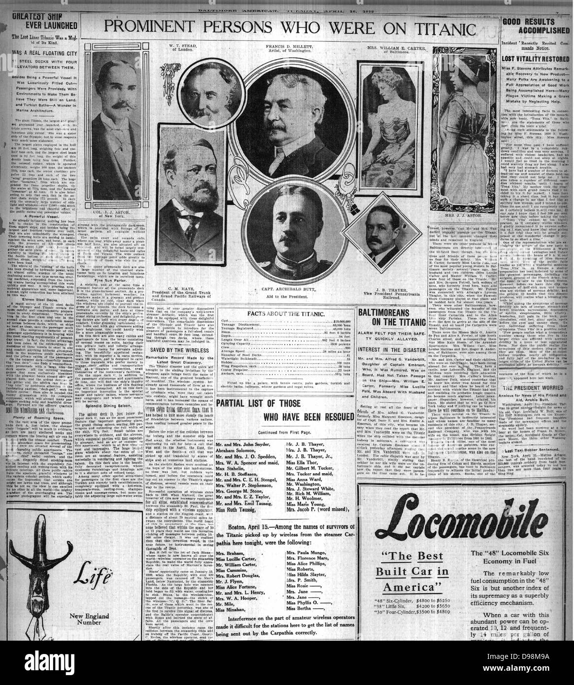 À partir de la page 'Baltimore American" sur le nombre de victimes de rapports du naufrage du Titanic 1912 Banque D'Images