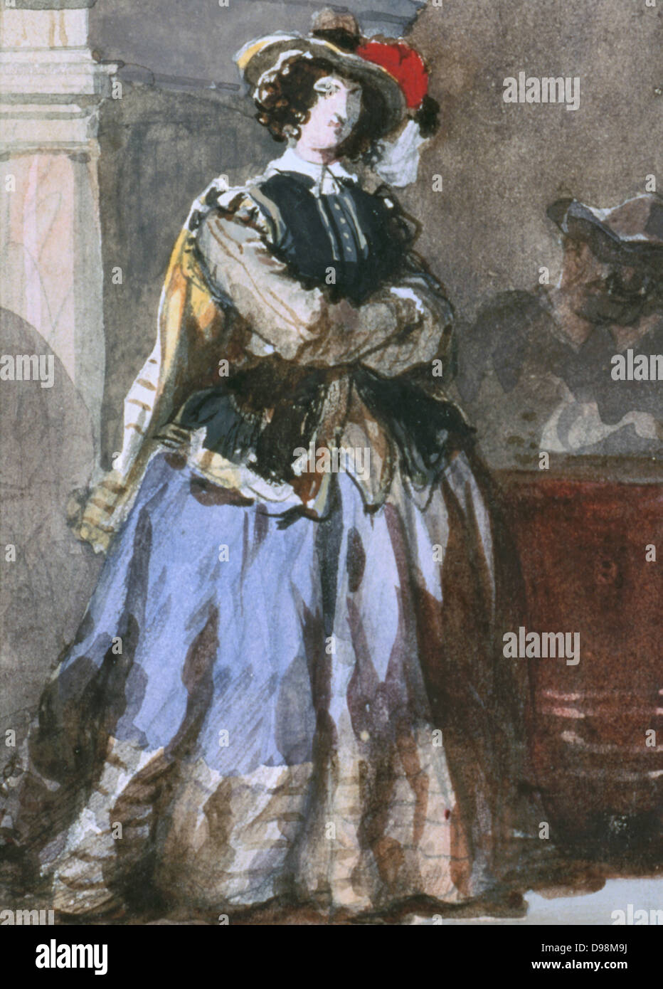 Portrait d'une femme. L'aquarelle. Eugène Lami (1800-1890) peintre français. Jupe Mode femme de lire Banque D'Images