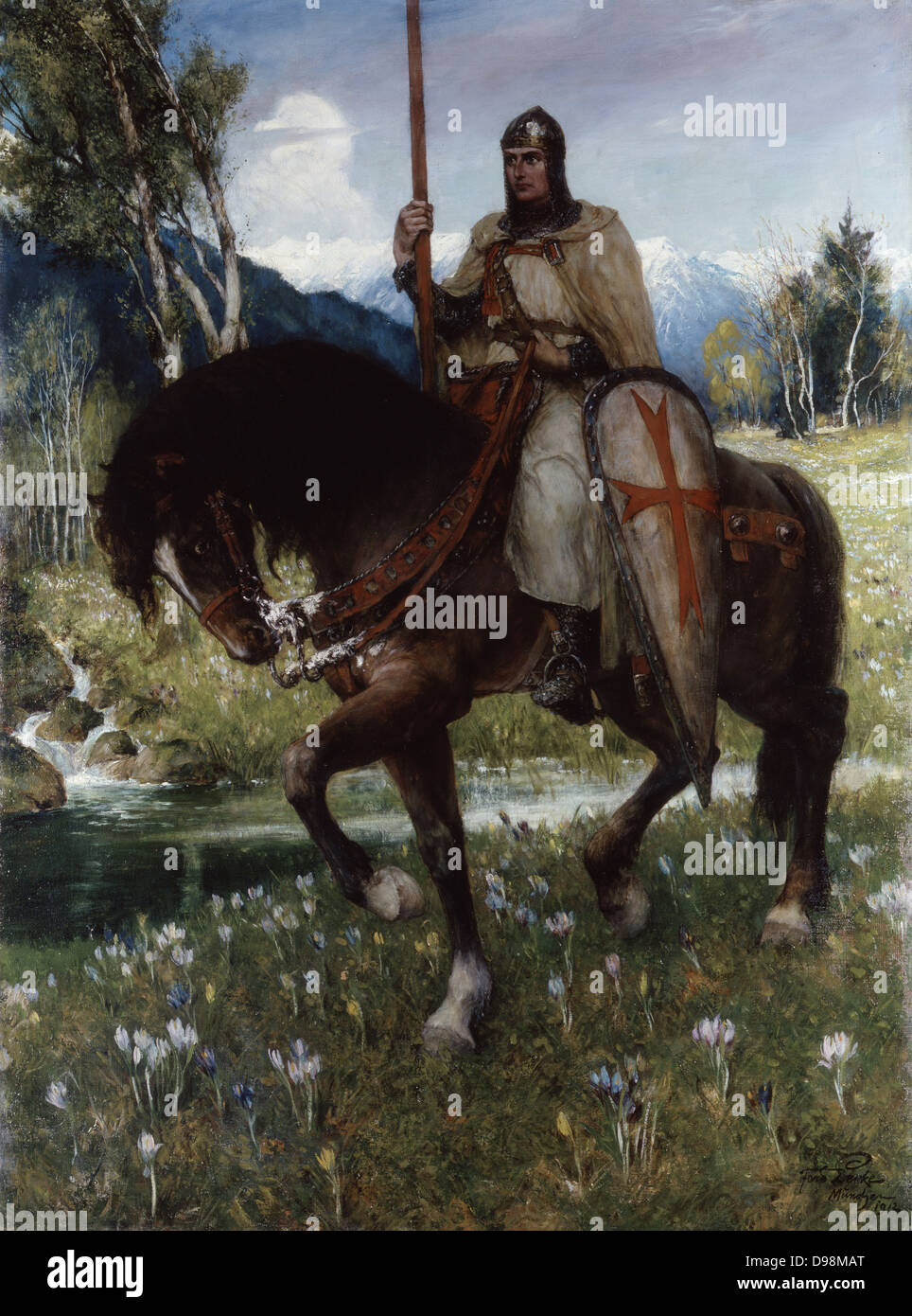 Parsifal en quête du saint Graal" 1912. Huile sur toile. Ferdinand Leeke (1859-1925) peintre allemand. Chevalier blindé monté sur le chargeur à travers un paysage de printemps. La légende arthurienne Eau Piscine d'eau de montagne Fleurs Crocus Banque D'Images