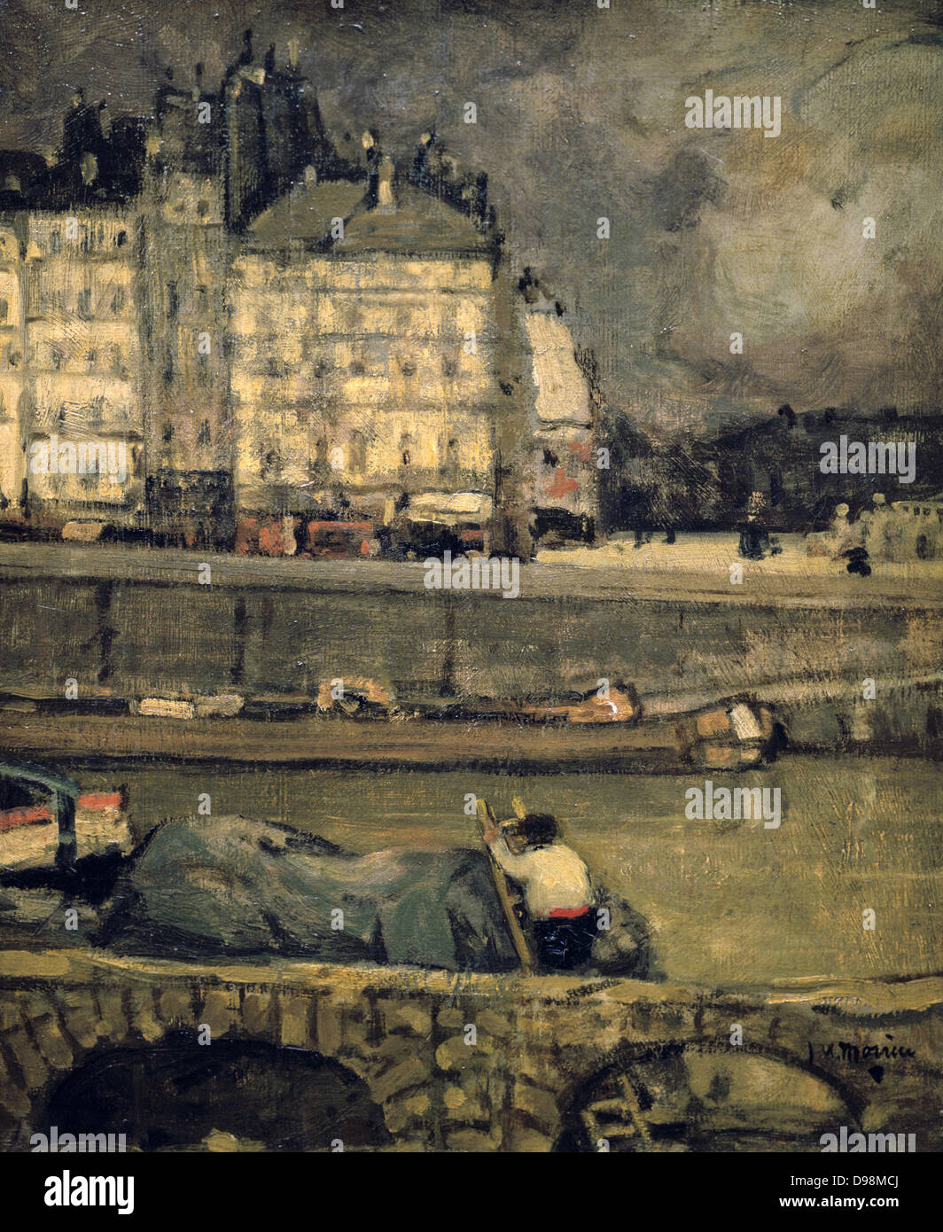 Les rives de la Seine à Paris". James Wilson Morrice (1865-1924) peintre postimpressionniste canadien. Vue sur la rivière avec des barges en premier plan vers les bâtiments avec des fenêtres lumineuses sur mesure banque. Banque D'Images