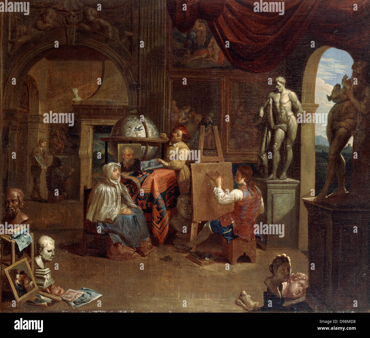 Studio d'artiste avec l'artiste au travail sur le Portrait d'une femme" Huile sur toile. Gérard Thomas (1663-1720) artiste flamand. Tapis Globe Toile chevalet Banque D'Images