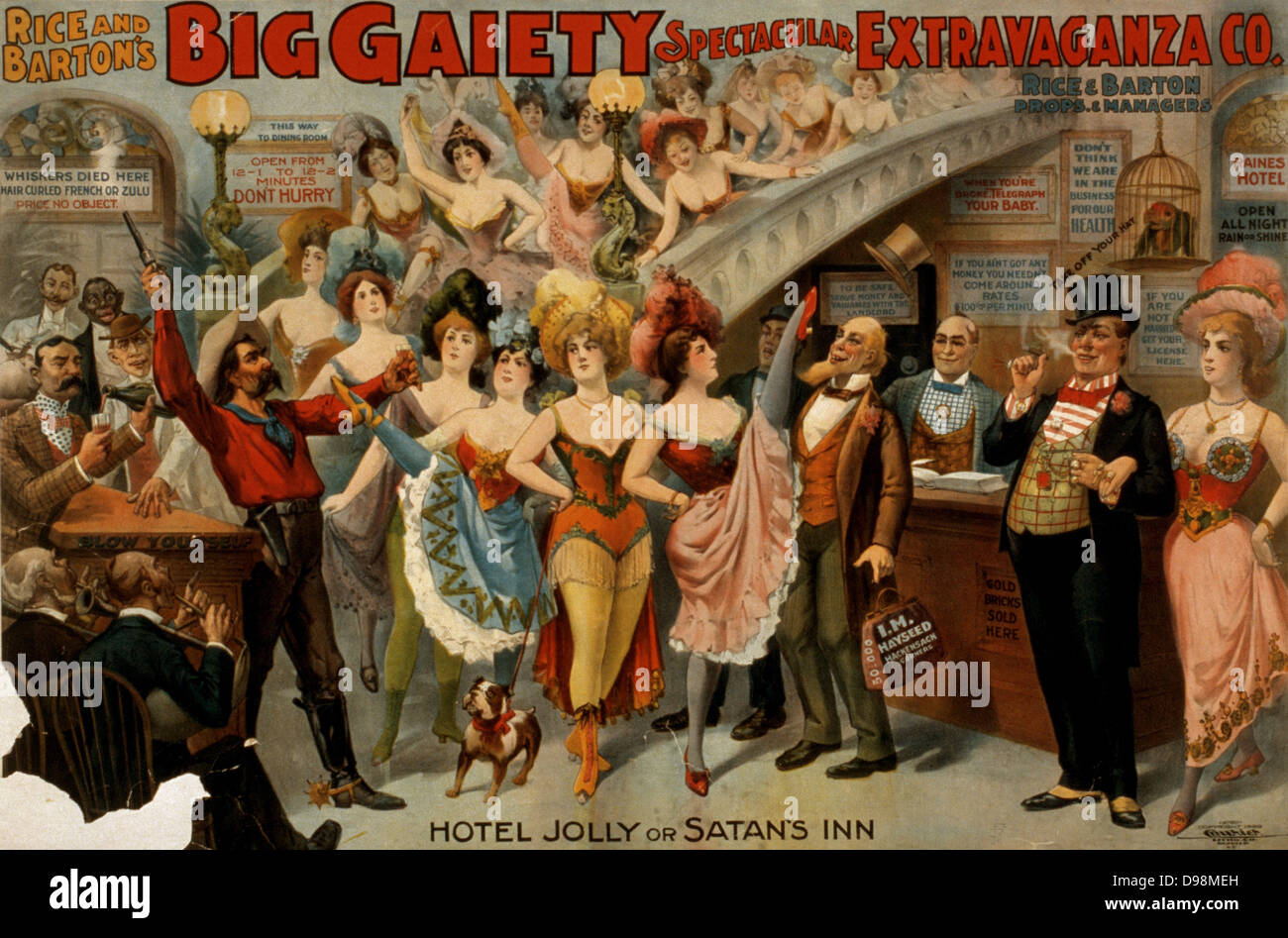 Riz et Barton's Big gaieté Extravaganza spectaculaire Co. c1899. (Affiche) : lithographie illustrant la distribution d'un spectacle de variété dans un théâtre. Cowboys, Chorus girls, comédiens et musiciens sont indiqués Banque D'Images