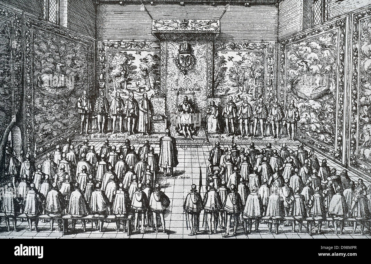 Charles V donne au gouvernement des Pays-Bas à son fils Philippe'. Lorsque l'Empereur Charles V estime que sa force a diminué, il a eu l'État des Pays-Bas réunion du 25 octobre 1555, à Bruxelles, et a chargé le gouvernement de ces pays à son fils Philippe. Il règne était encore supportable dans la première année, mais en vint bientôt une ère de l'oppression. Banque D'Images
