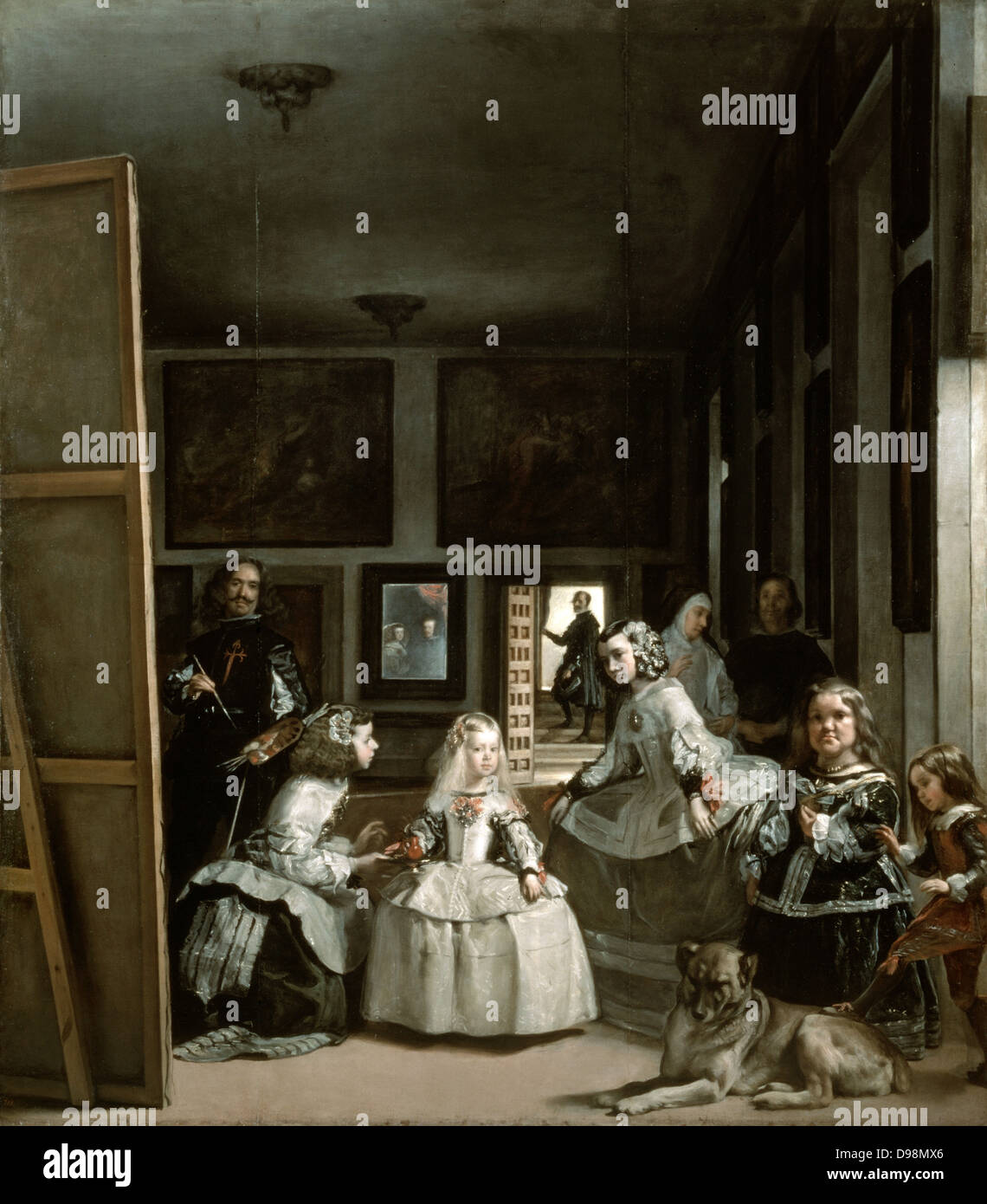 Las Meninas' (la bonnes de l'honneur), 1656. Huile sur toile. Portrait par Diego Velasquez (1599-1660) peintre espagnol. Infanta Margarita Teresa assisté par bonnes de l'honneur, d'escorte, garde du corps, des nains et gros chien. Velasquez, à gauche. Banque D'Images