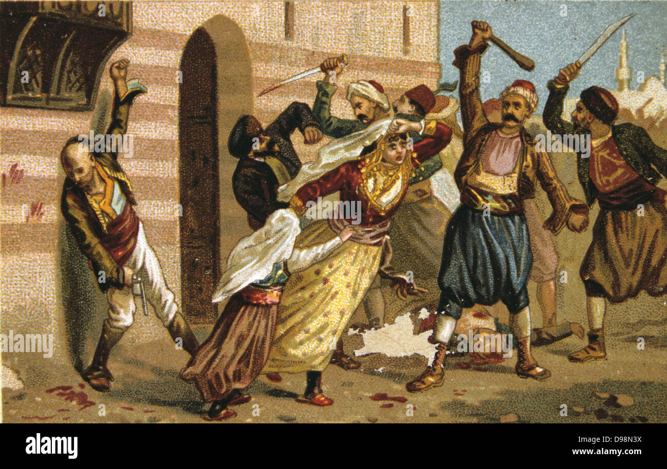 Le massacre d'Arméniens par les Turcs ottomans sous Abdul Hamid, 1895-1896. Habitants chrétienne arménienne de Trébizonde massacrés, 8 octobre 1895. Le conflit religieux Turquie carte commerciales chromolithographie Française Banque D'Images