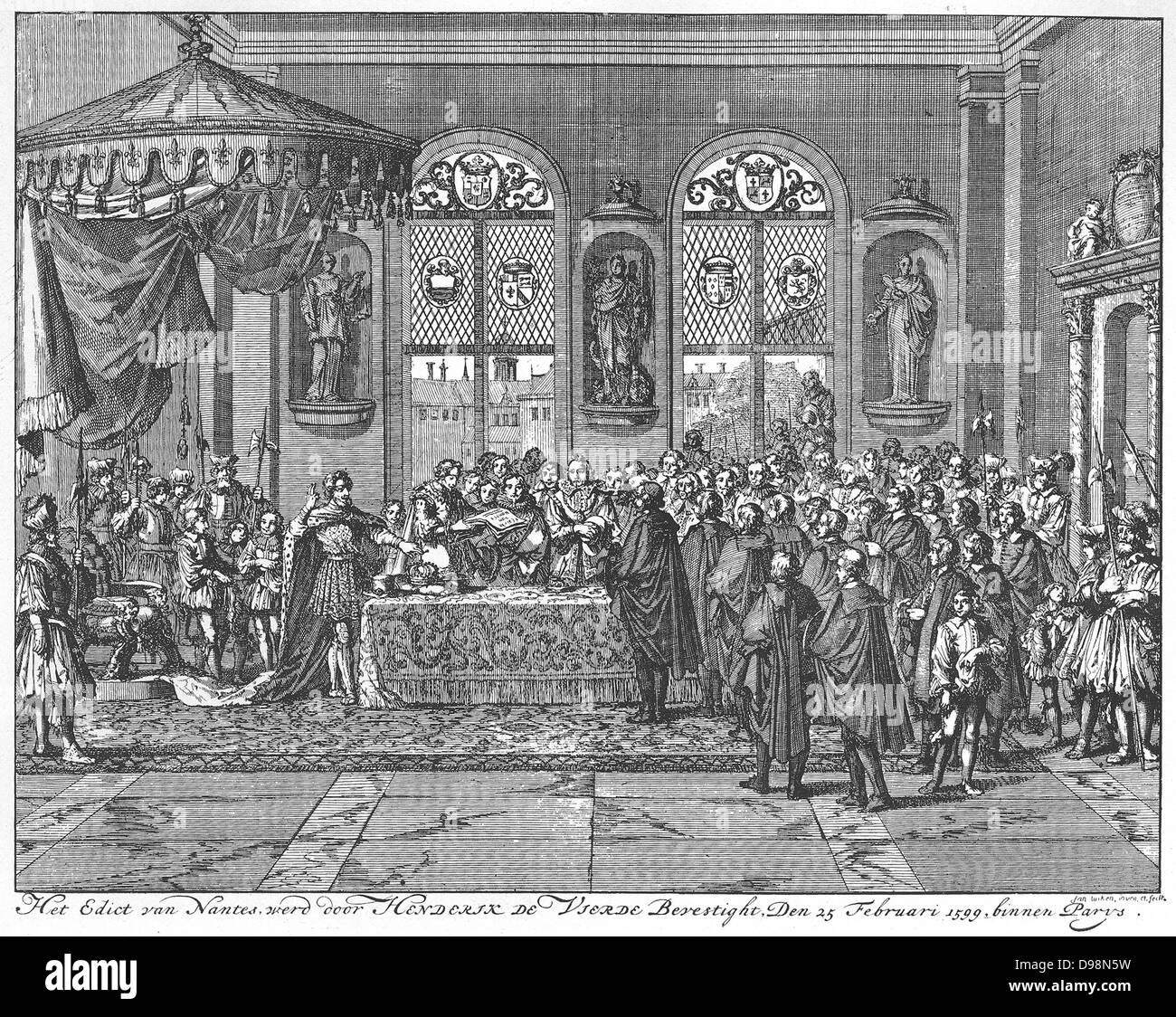 Henry IV avait été un Huguenot, mais a accepté de se conformer à l'église catholique romaine pour devenir roi. Au moment de l'édit, il était un roi catholique français. Les rois français ont été d'une longue lignée de rois qui ont vu leur autorité qu'un devine droite. En 1598, il a promulgué l'Édit de Nantes. L'édit a marqué la fin de Guerres de Religion en France (1562-1598) et d'intégrer les diverses dispositions religieuses de cette série de traités non respectés et a fourni un certain nombre d'autres. Banque D'Images