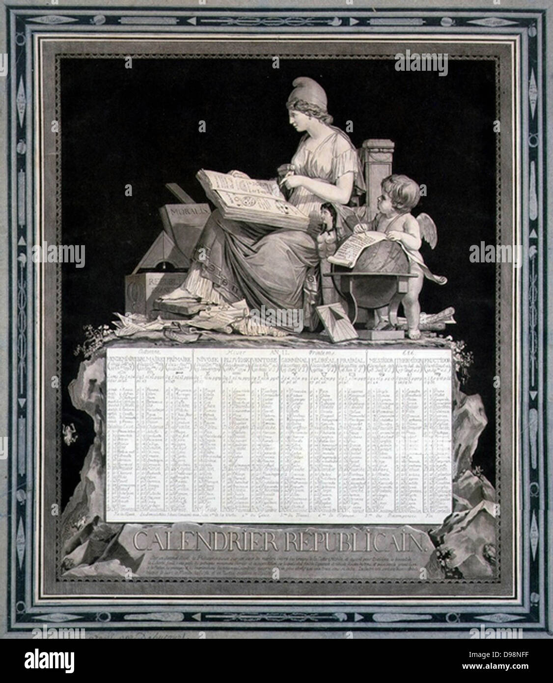 Calendrier Républicain de 1794 (An III). Napoléon a supprimé ce calendrier avec effet au 1er janvier 1806. Design by Louis Philibert Bebucourt (1755-1832), peintre et graveur français. Allégorie de la liberté du temps de la révolution Banque D'Images