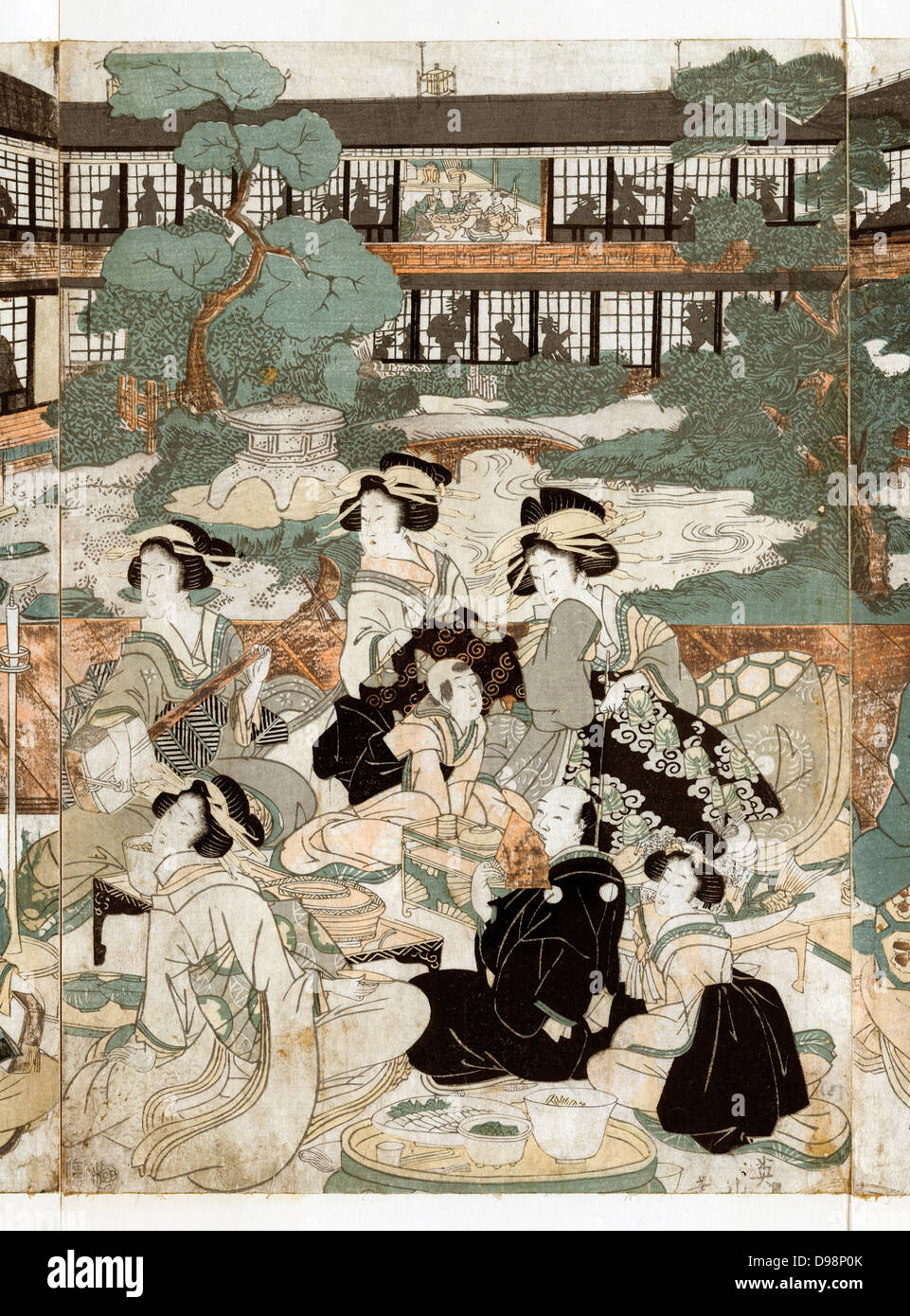 Les hommes et les femmes à socialiser et à jouer un instrument de musique au jardin de la cour, d'un bordel à Yoshiwara, quartier rouge d'Edo (Tokyo),c1810 . Eizan Kikukawa (1787-1867) artiste japonais Ukiyo-e. La prostitution de divertissement Banque D'Images