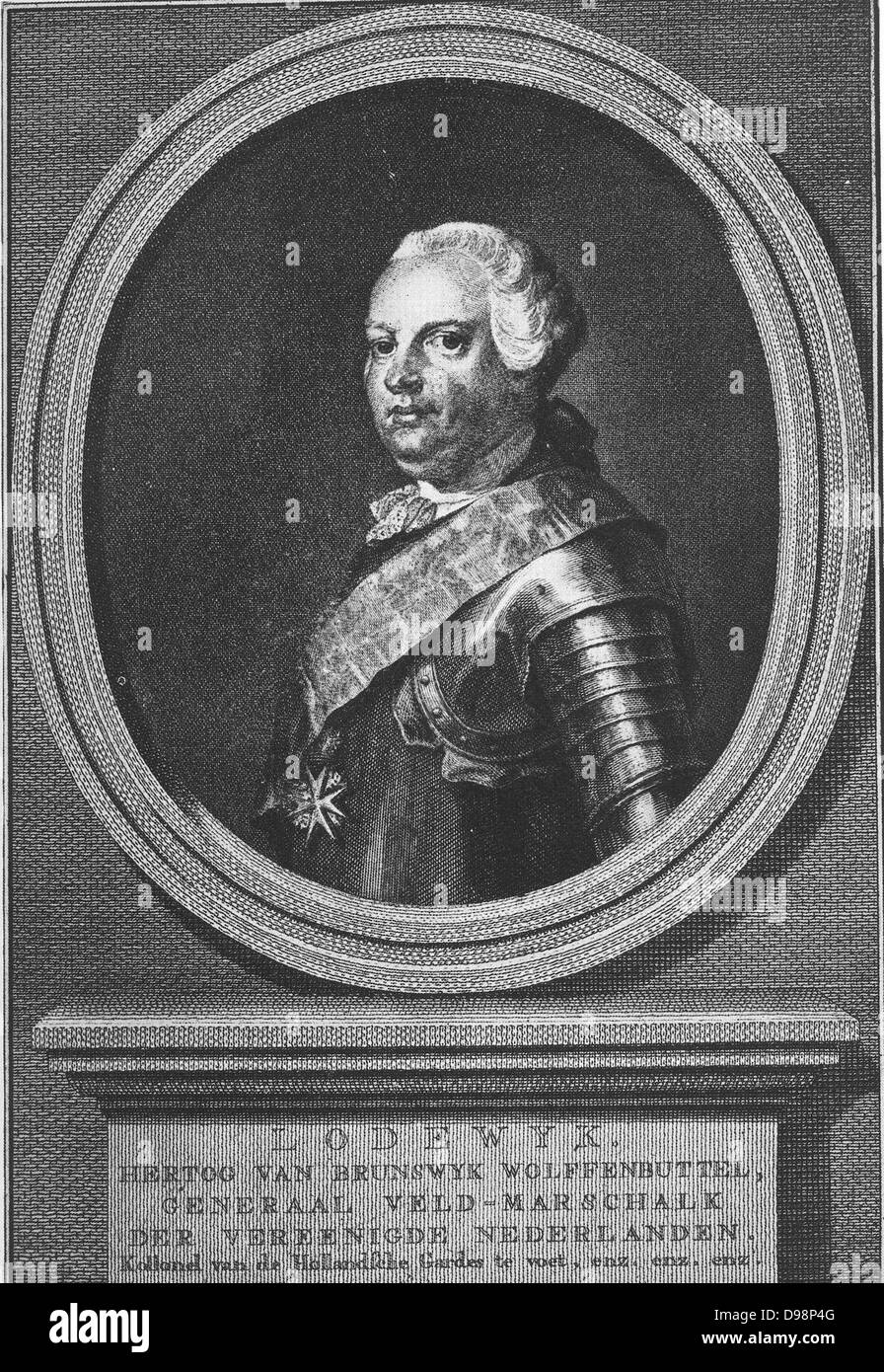 Louis Ernest de Brunswick-lunebourg Barth (25-Septembre 1718, Wolfenbüttel - 12 mai 1788, Eisenach) est un feld-maréchal dans l'armée du Saint Empire Romain et les Provinces-Unies. À partir du 13 novembre 1750 à 1766 il a été le Capitaine général des Pays-Bas, où il était connu comme le duc de Brunswick ou (pour le distinguer de son frère aîné Charles, qui a succédé à leur père le titre de Duc de Brunswick-lunebourg) Duc de Brunswick-Wolfenbüttel. Un autre frère était duc Ferdinand de Brunswick qui a dirigé l'armée anglo-allemand alliées pendant la guerre de Sept Ans. Banque D'Images