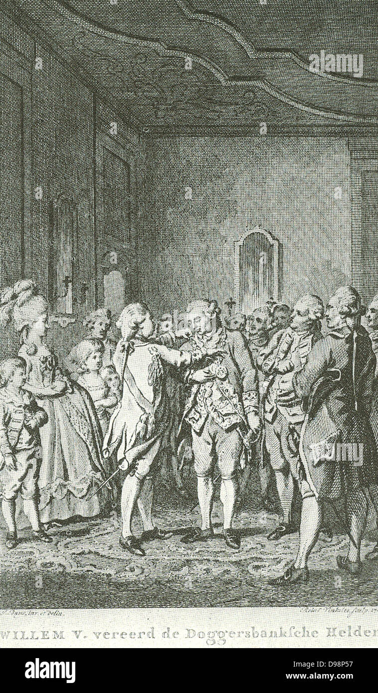 Guillaume V, Prince d'Orange-Nassau (Willem Batavus ; 8 Mars 1748 - 9 avril 1806) était le dernier Stathouder des Provinces-unies, et entre 1795 et 1806 il a dirigé le gouvernement de la République néerlandaise en exil à Londres. Il a été succédé par son fils William I. Willem de l'attribution des médailles après la 1781Bataille de Dogger Bank. Banque D'Images