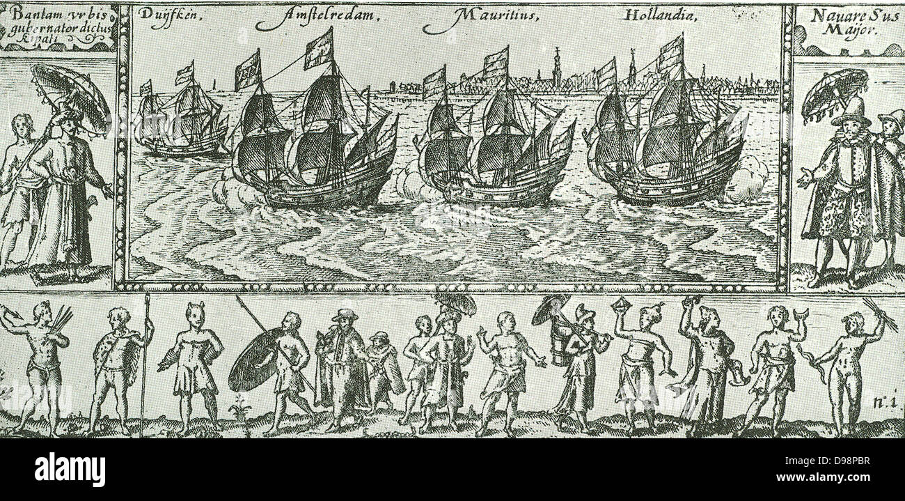 Les explorateurs néerlandais. Le premier Voyage des hollandais aux Indes orientales. C'est une reproduction de la page de titre le journal du premier voyage, entrepris par les Néerlandais à l'East-Indies en 1595 sous le commandement de Cornelis de Houtman. Banque D'Images