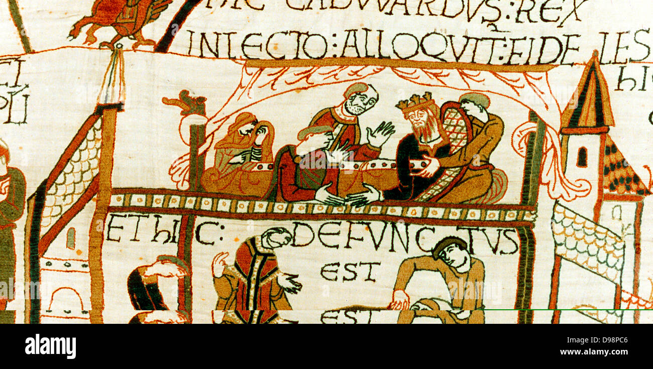Tapisserie de Bayeux 1067. Mort d'Édouard le Confesseur, roi d'Angleterre à partir de 1042, le 5 janvier 1066. Ci-dessus sur son lit de parler aux courtiers, y compris Harold. Ci-dessous, morts avec prêtre en présence. Linge Textiles anglo-saxons Banque D'Images