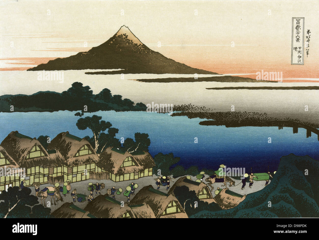 L'aube à Isawa dans la province Kai : c1833. À partir de 'trente-six vues du Mont Fuji", c1831. L'une des 10 images supplémentaires. Katsushika Hokusai (1760-1849) artiste japonais Ukiyo-e. Chaume Bâtiments Transports par route piétonne cheval Banque D'Images