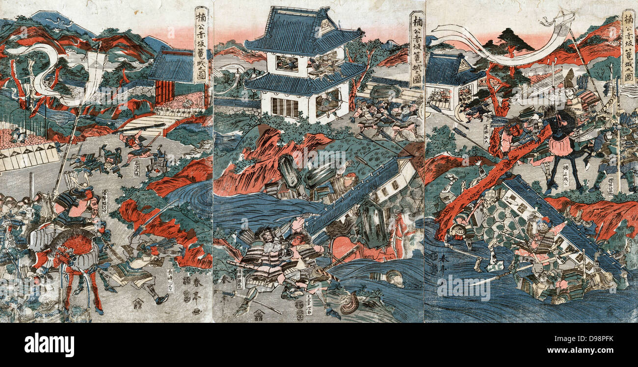 Le 14e siècle et ses partisans samouraïs Kusonki assiégé dans le château de Akasaka. Shuntei Katsukawa (1770-C1833) artiste japonais. Print, 1809. Guerre civile guerre Banque D'Images