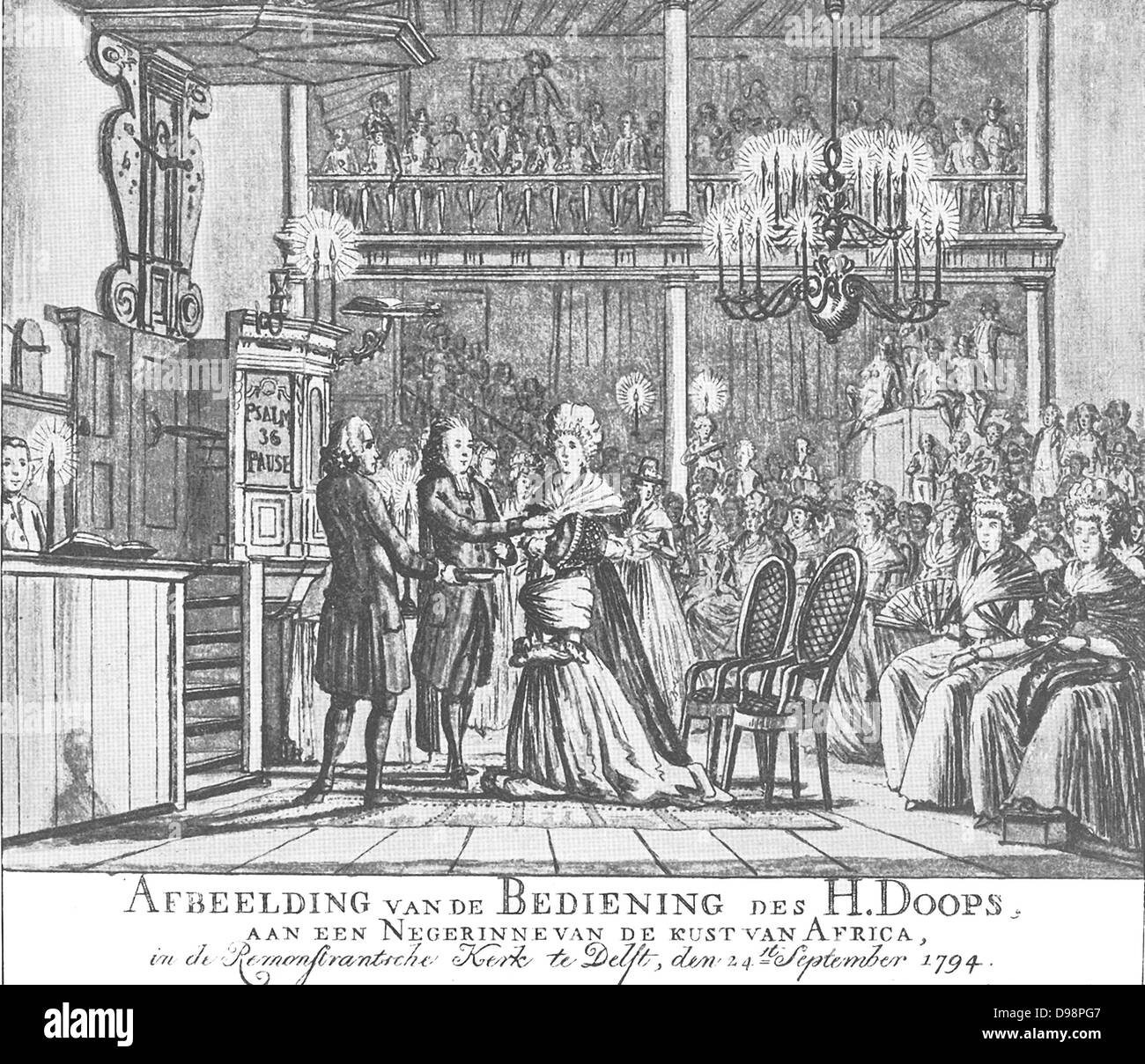 Photo du baptême du saint ministère, un Rinne ignorant de la côte de l'Afrique, à l'Remonftrantsche Église de Delft, 24 Septembre, 1794. Banque D'Images
