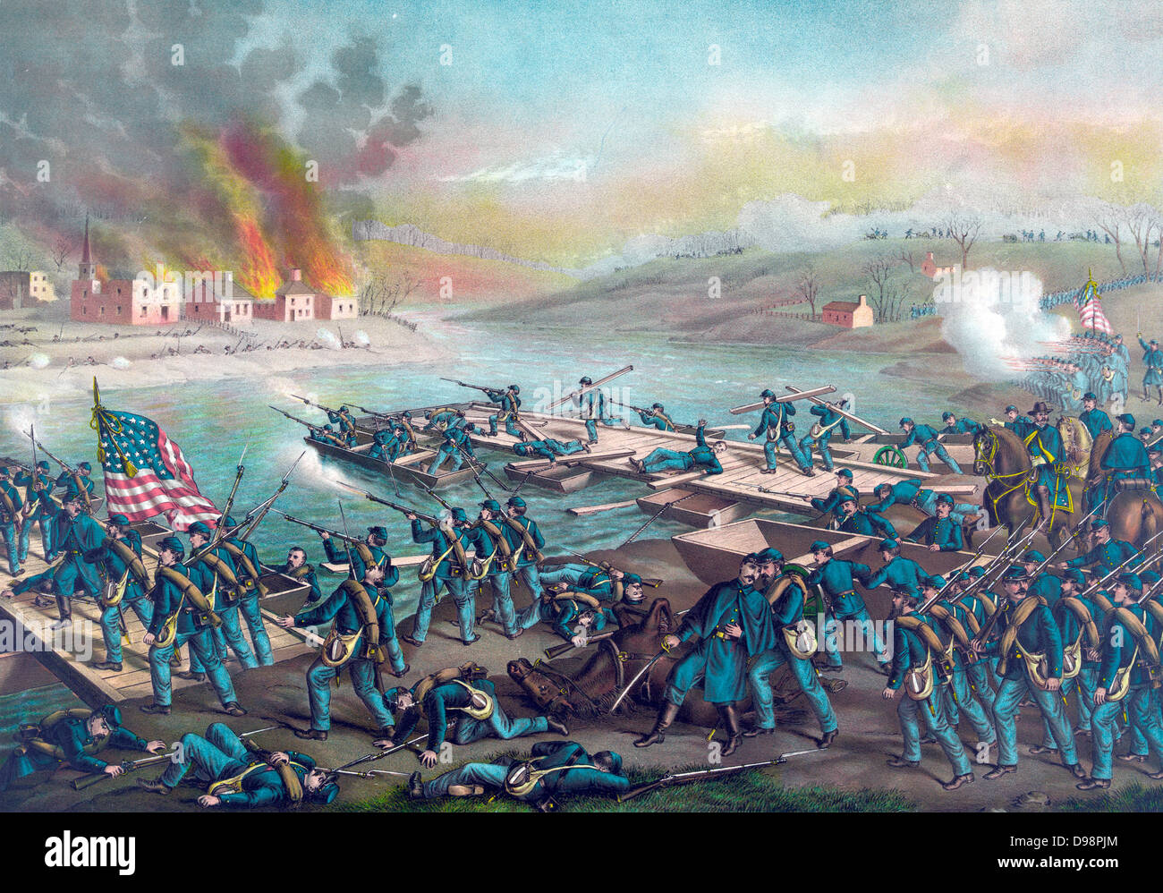 American Civil War 1861-1865 : Bataille de Fredericksburg, en Virginie, du 11 au 15 décembre 1862. Armée du Potomac (Union européenne) sous le passage de Burnside, Marshalltown 13 décembre. Victoire des Confédérés sous Lee. Kurz & Allison c1888 Banque D'Images