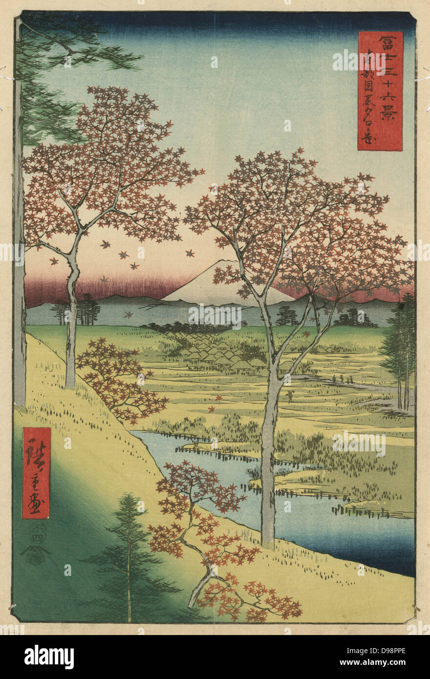 La colline du crépuscule à Meguro : de 'trente-six Vue du Mont Fuji' 1858. Utagawa Hiroshige (1797-1858) artiste japonais Ukiyo-e. Fuji vu de Meguro, Tokyo, l'érable rouge arbres en premier plan. Paysage avec un cours d'un village. Banque D'Images