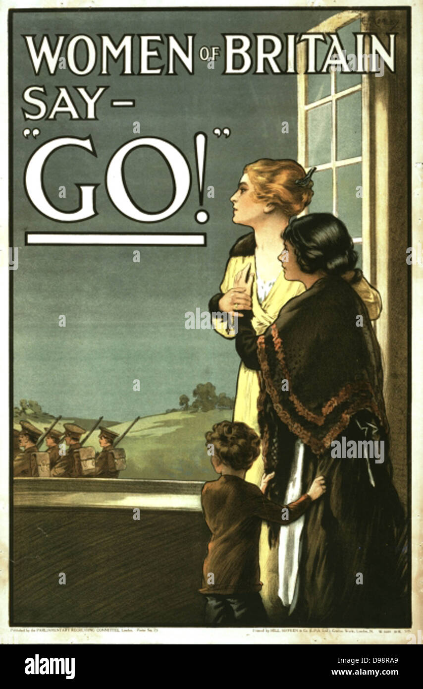 La Première Guerre mondiale 1914-1918 : Affiche de recrutement britannique avec la légende "Femmes d'Angleterre dire - GO !' montrant une mère, fille et fils de regarder à travers une fenêtre ouverte en tant que soldats de marche. Banque D'Images