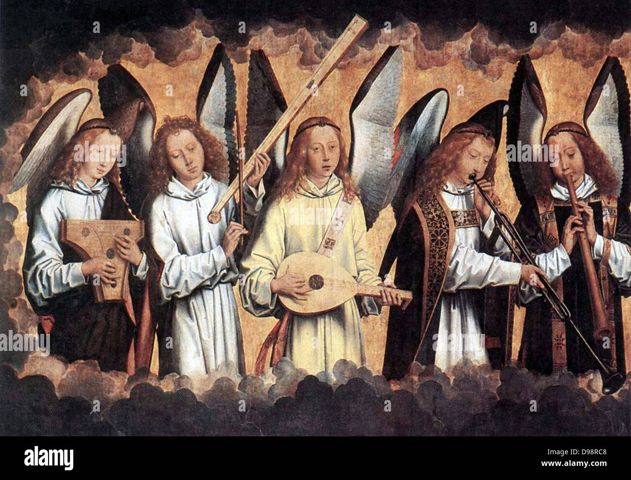 Ange musiciens (panneau de gauche), 1480. Huile sur bois. Hans Memling ou Memlin (c1430-1494) Début de naissance allemande peintre Russisch. Anges entouré de nuages de faire de la musique sur différents instruments. Christian Banque D'Images