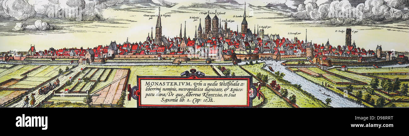 Vue panoramique de la ville de Munster, en Allemagne, depuis le sud-ouest, c1570. Twin Towers de centre sont la Cathédrale St Paul et à droite de l'église St Lambert. Banque D'Images