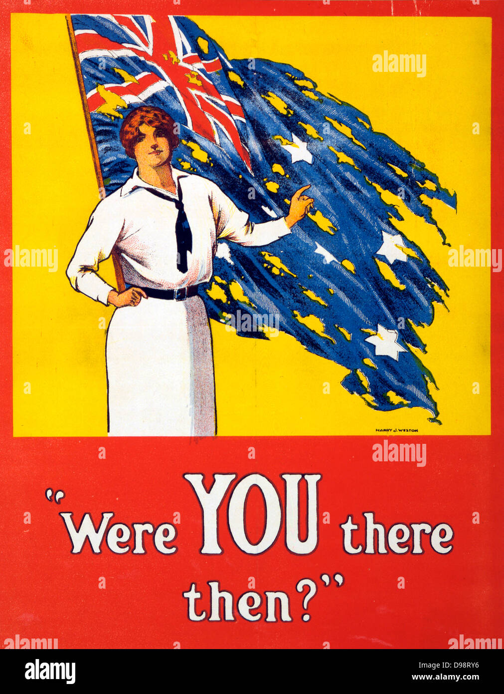 La Première Guerre mondiale 1914-1918 : 'y étiez-vous alors ?" affiche, 1916. Femme se tient en face de tattered drapeau australien de poser la question. Bataille de Fromelles, Front de l'Ouest, France, 19 et 20 juillet 1915, l'Australie a subi 5 533 victimes. Banque D'Images