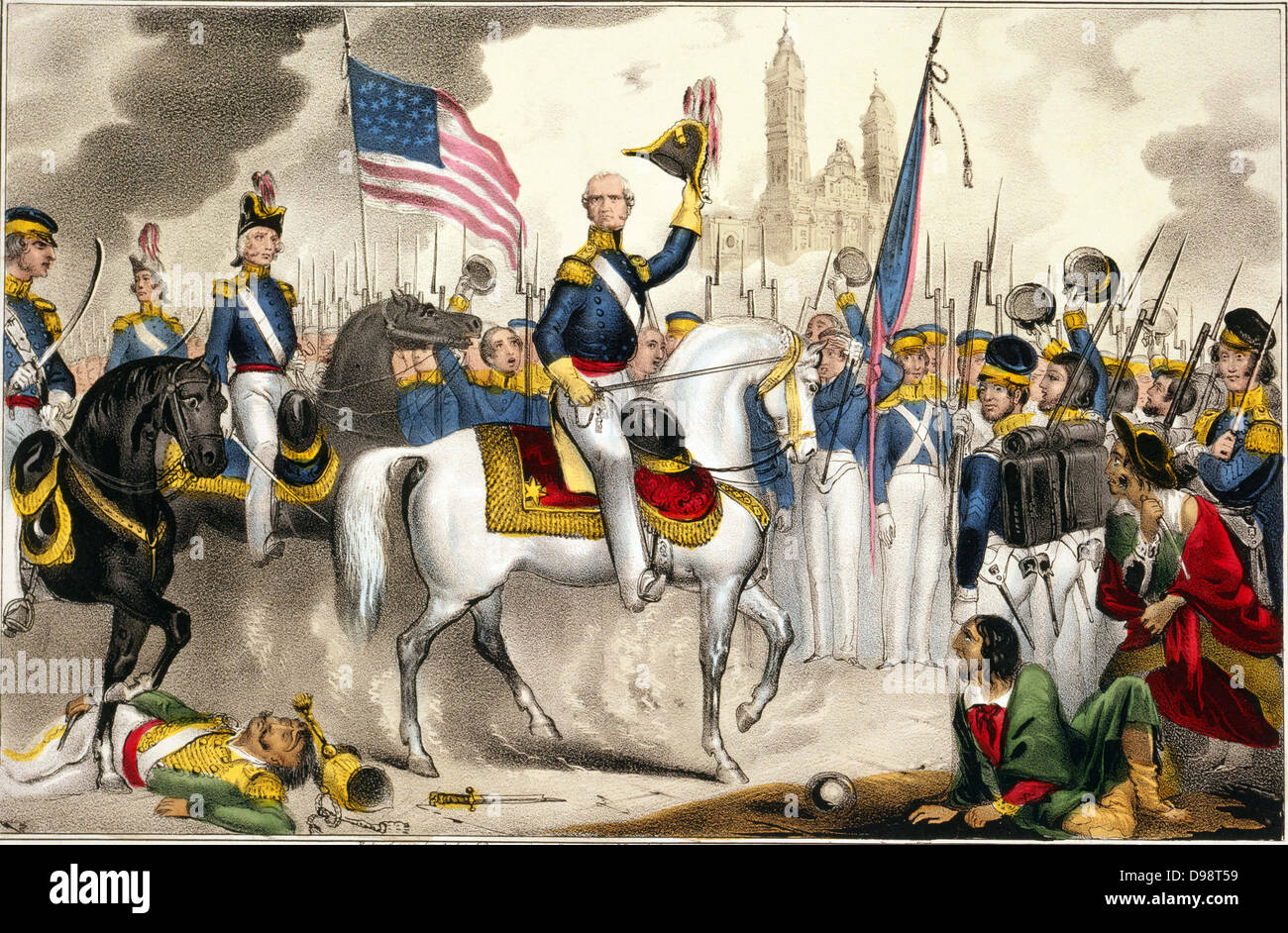 Guerre américano-mexicaine 1846-1848 : Le général Winfield Scott, commandant de l'Armée américaine du Nord, de faire une entrée triomphale dans la ville de Mexico sur un cheval blanc, 14 septembre 1847. Print c1848. Les étoiles du drapeau-et-Stripes Mexique Banque D'Images