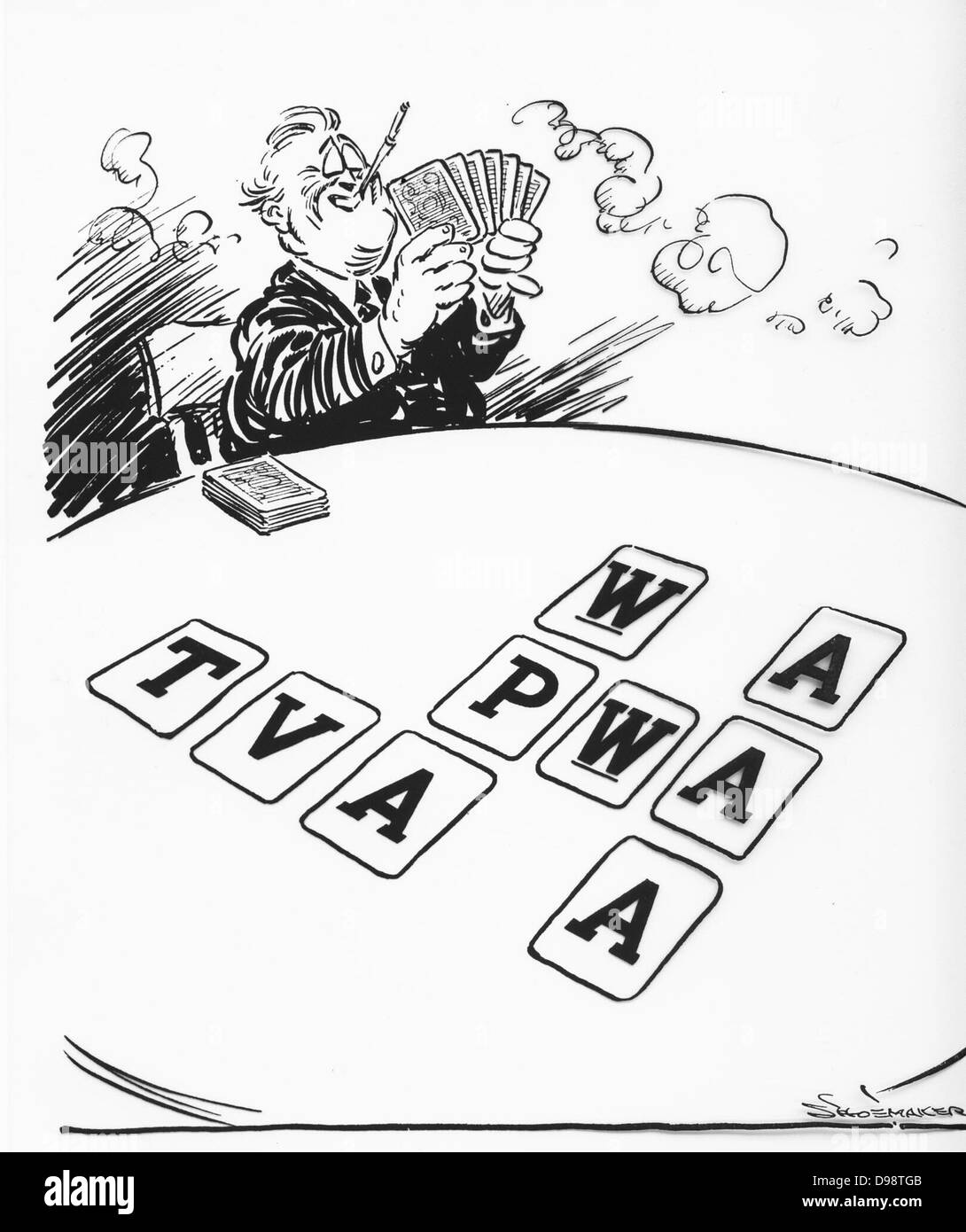 Utilisation dans les organismes comme un alphabet cartoon parodie du New Deal de Roosevelt à l'aide de cartes de l'alphabet trier utilisé pour apprendre aux enfants à lire. Banque D'Images